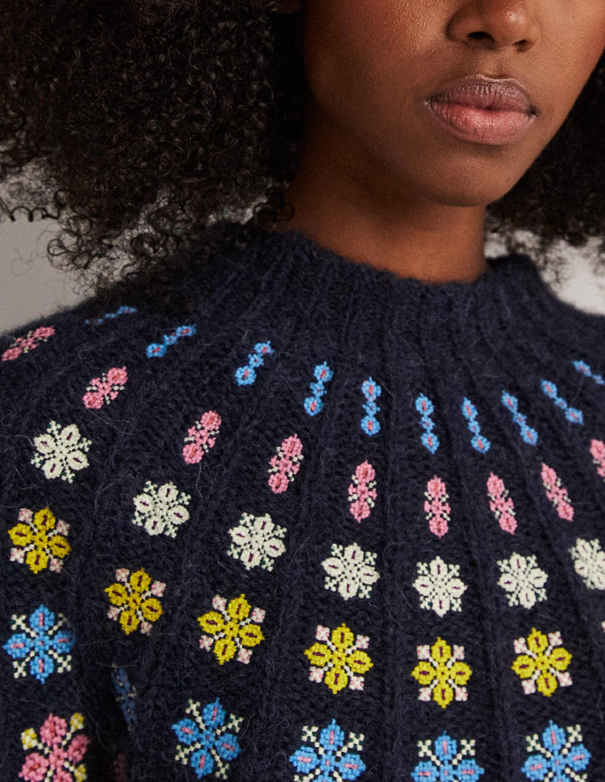 Fluffy Embroidered Jumper-Navy, Multi Embroidery - Image 2