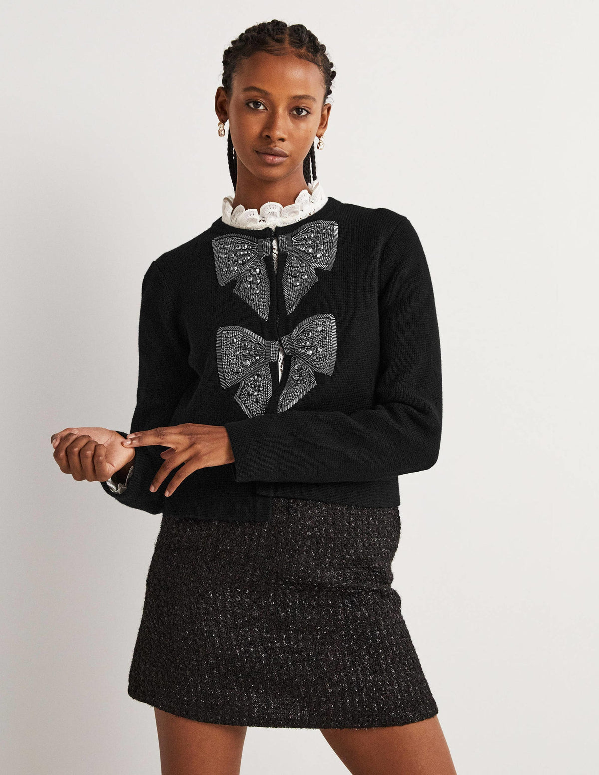 Embellished Knitted Jacket-Black, Embellished Bows-1