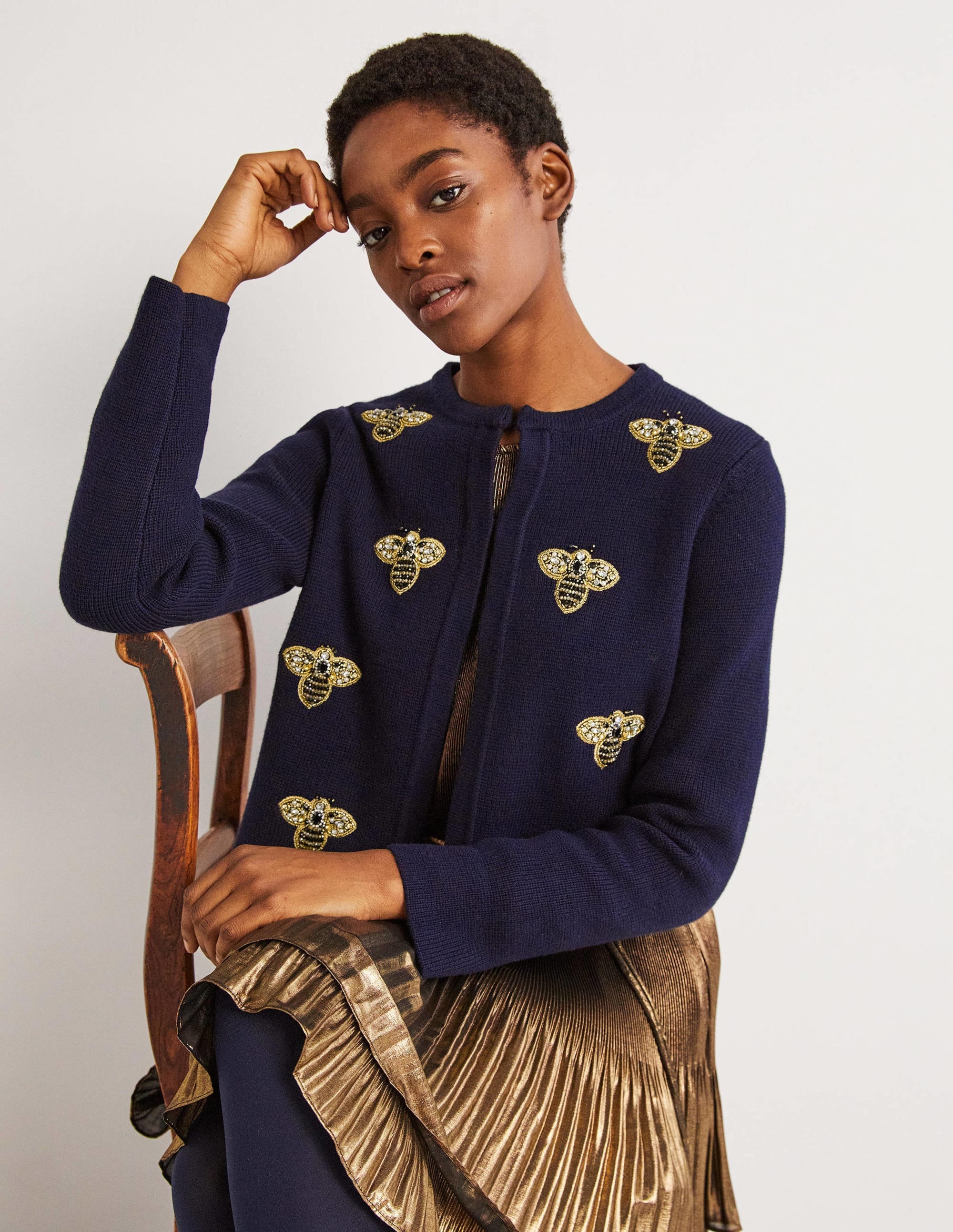 Embellished Knitted Jacket-Navy, Embellished Bees - Image 1