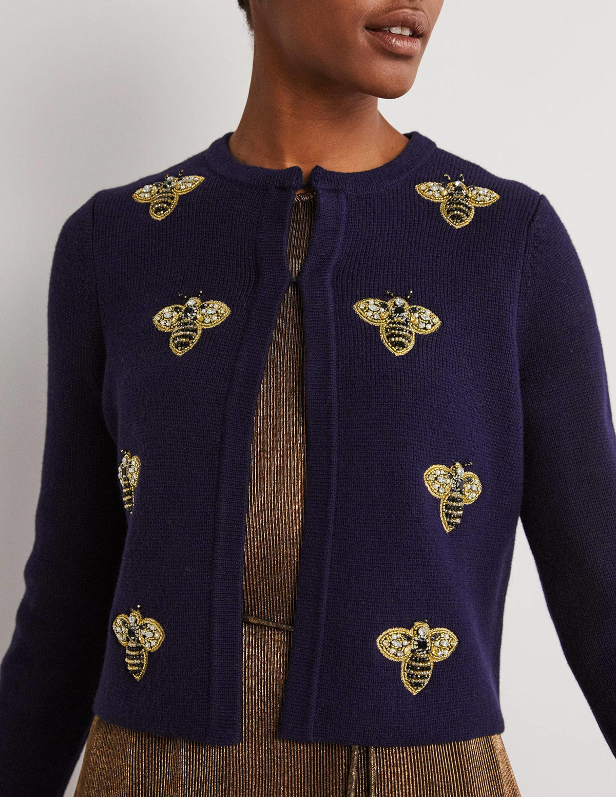 Embellished Knitted Jacket-Navy, Embellished Bees - Image 4