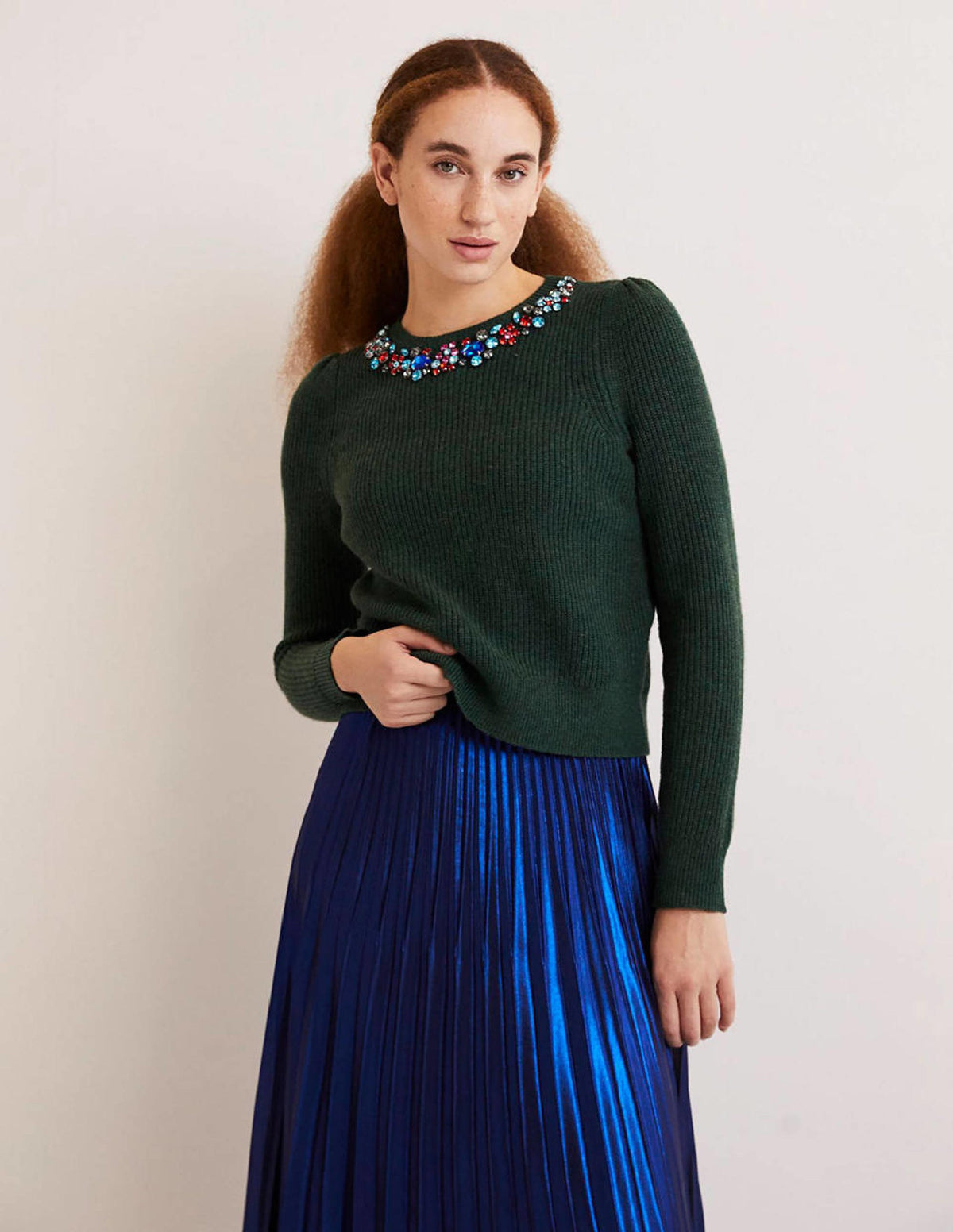 Embellished Party Jumper-Dark Green, Embellished Collar-1