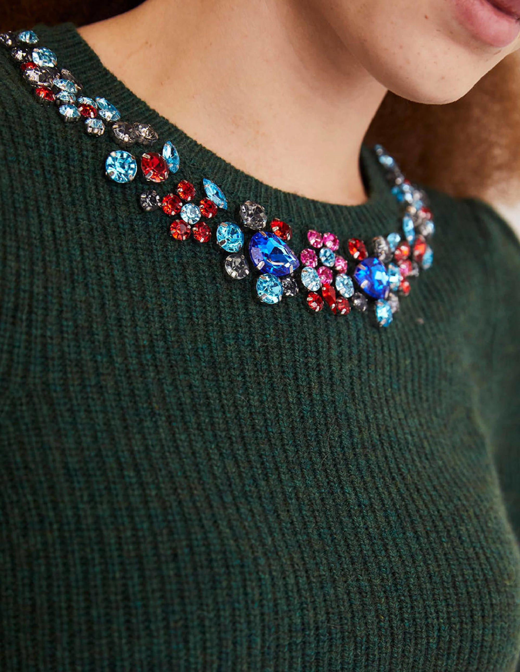 Embellished Party Jumper-Dark Green, Embellished Collar - Image 2