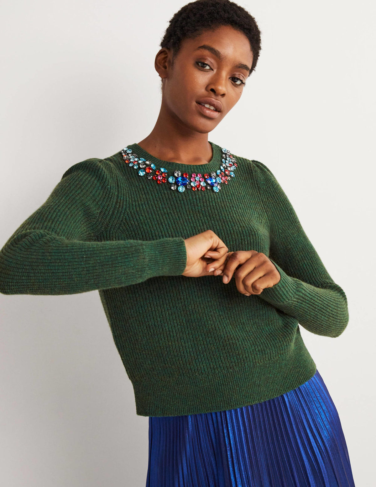 Embellished Party Jumper-Dark Green, Embellished Collar - Image 5