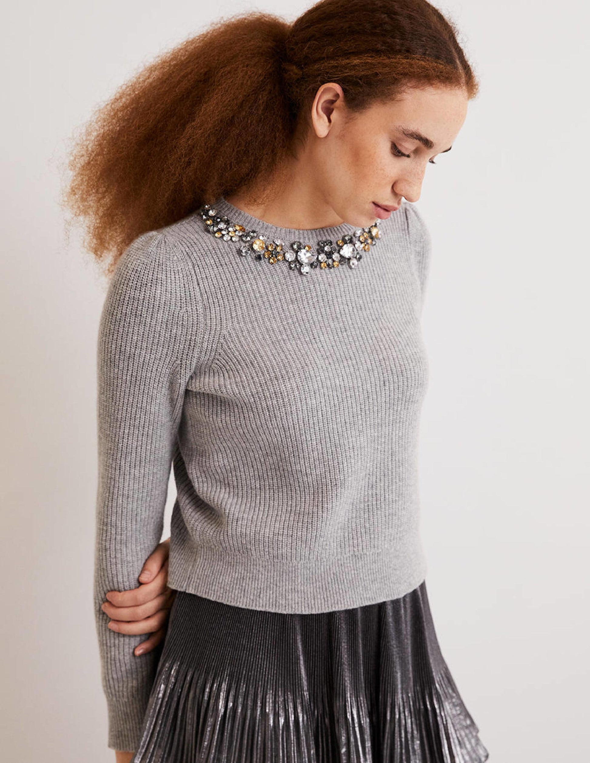 Embellished Party Jumper-Grey, Embellished Collar-1