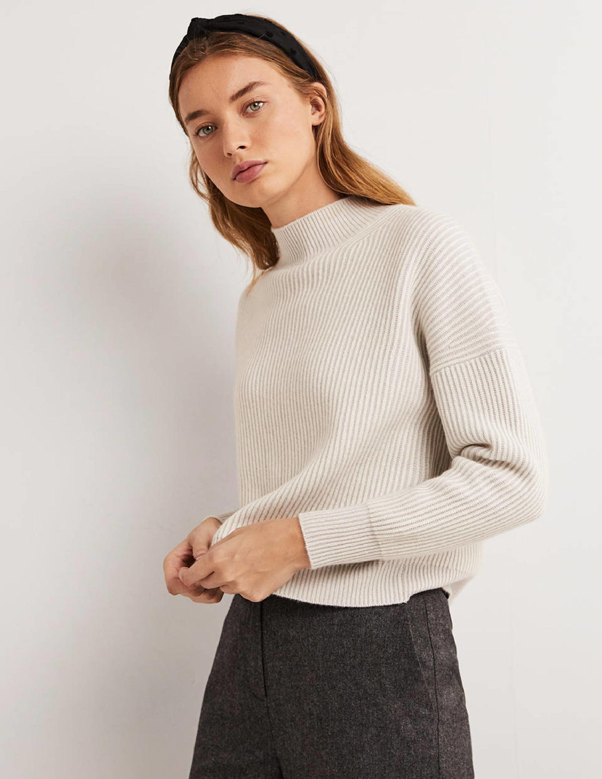 Cashmere Ribbed Jumper-Pale Grey, Ivory - Image 1
