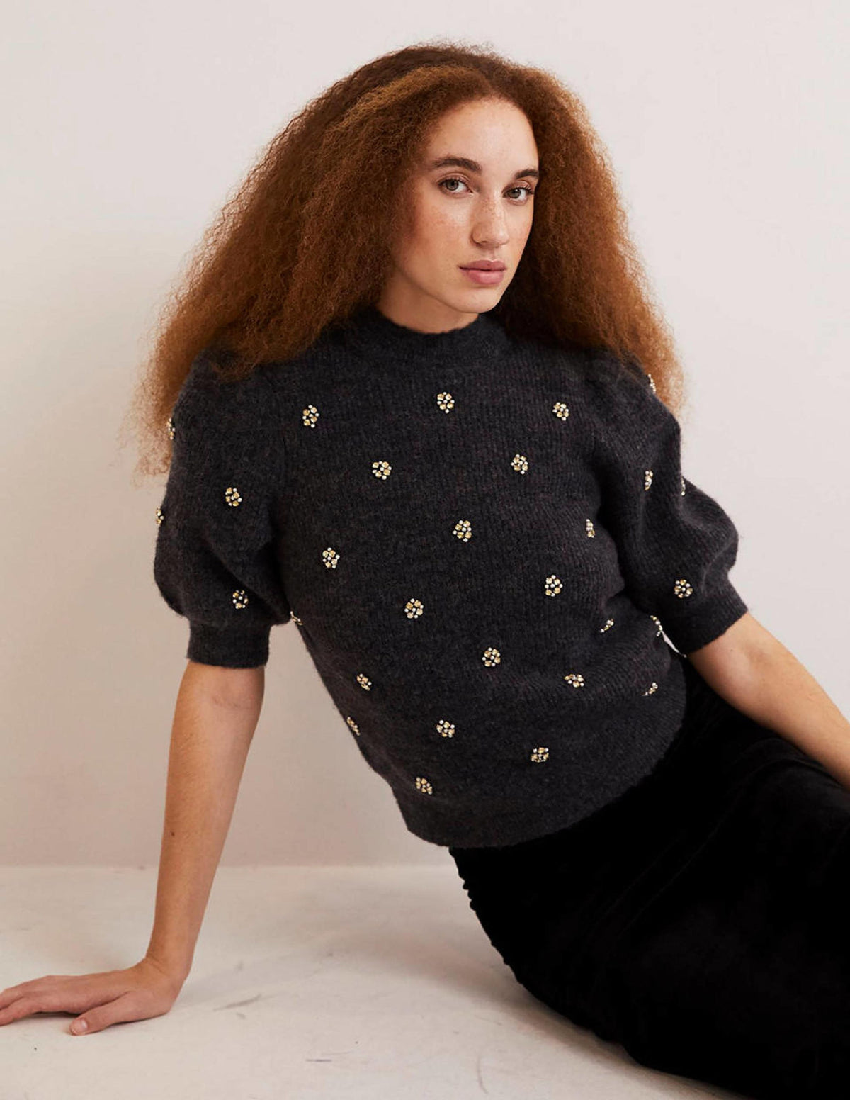 Embellished Fluffy T-shirt-Charcoal Melange Embellishment - Image 1