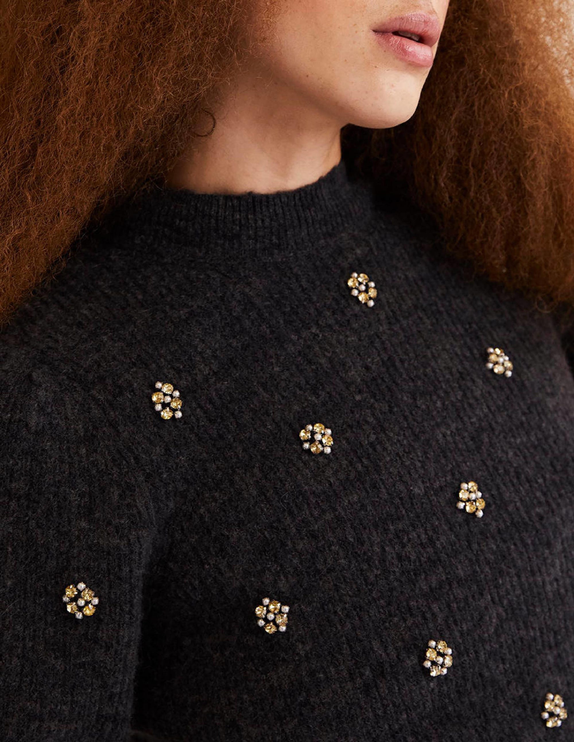 Embellished Fluffy T-shirt-Charcoal Melange Embellishment - Image 2