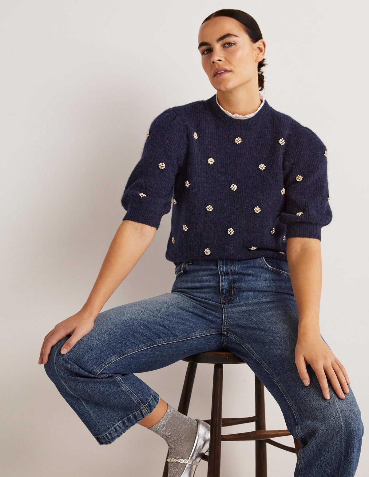Embellished Fluffy T-shirt-Navy Embellishment - Image 1