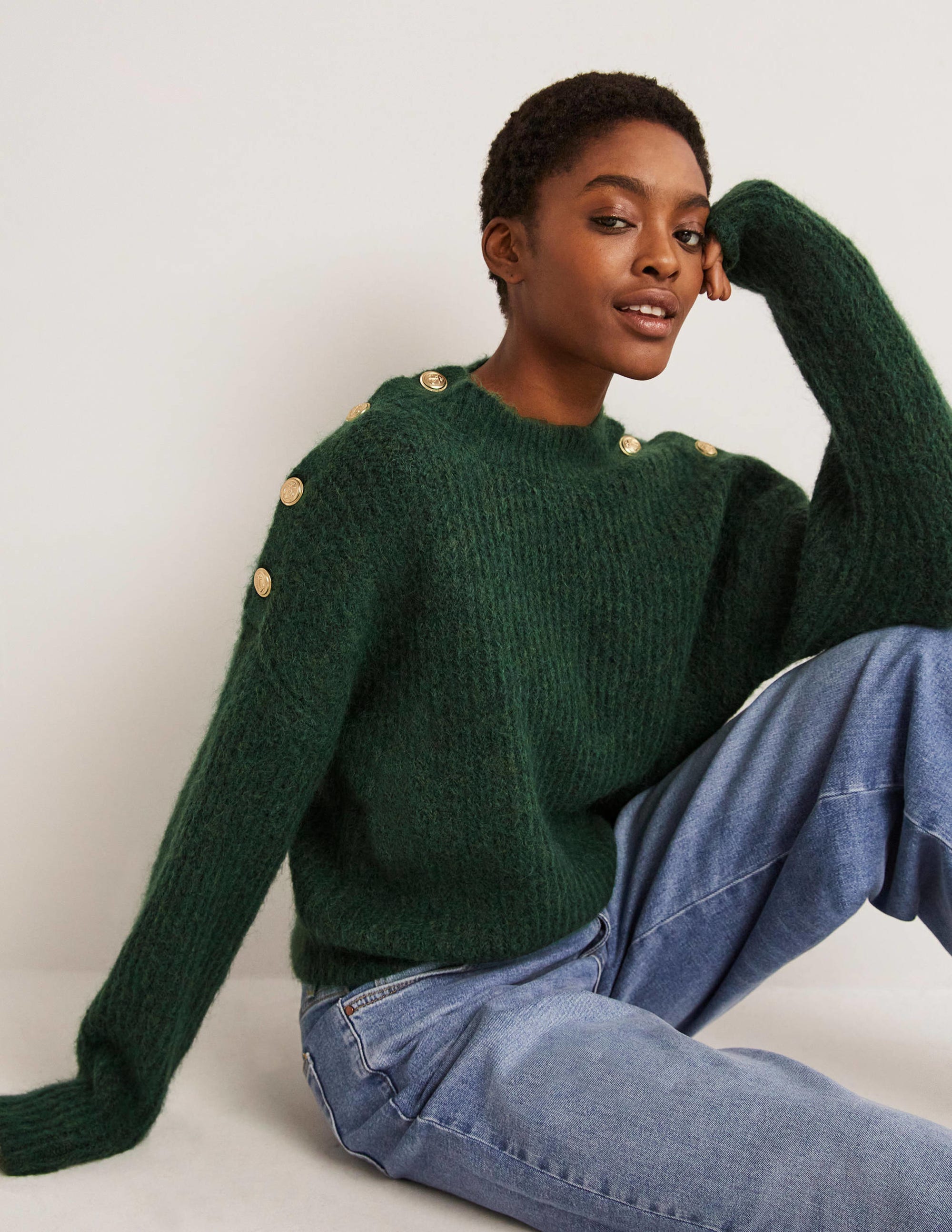 Fluffy Ribbed Button Jumper-Hunter Green - Image 1