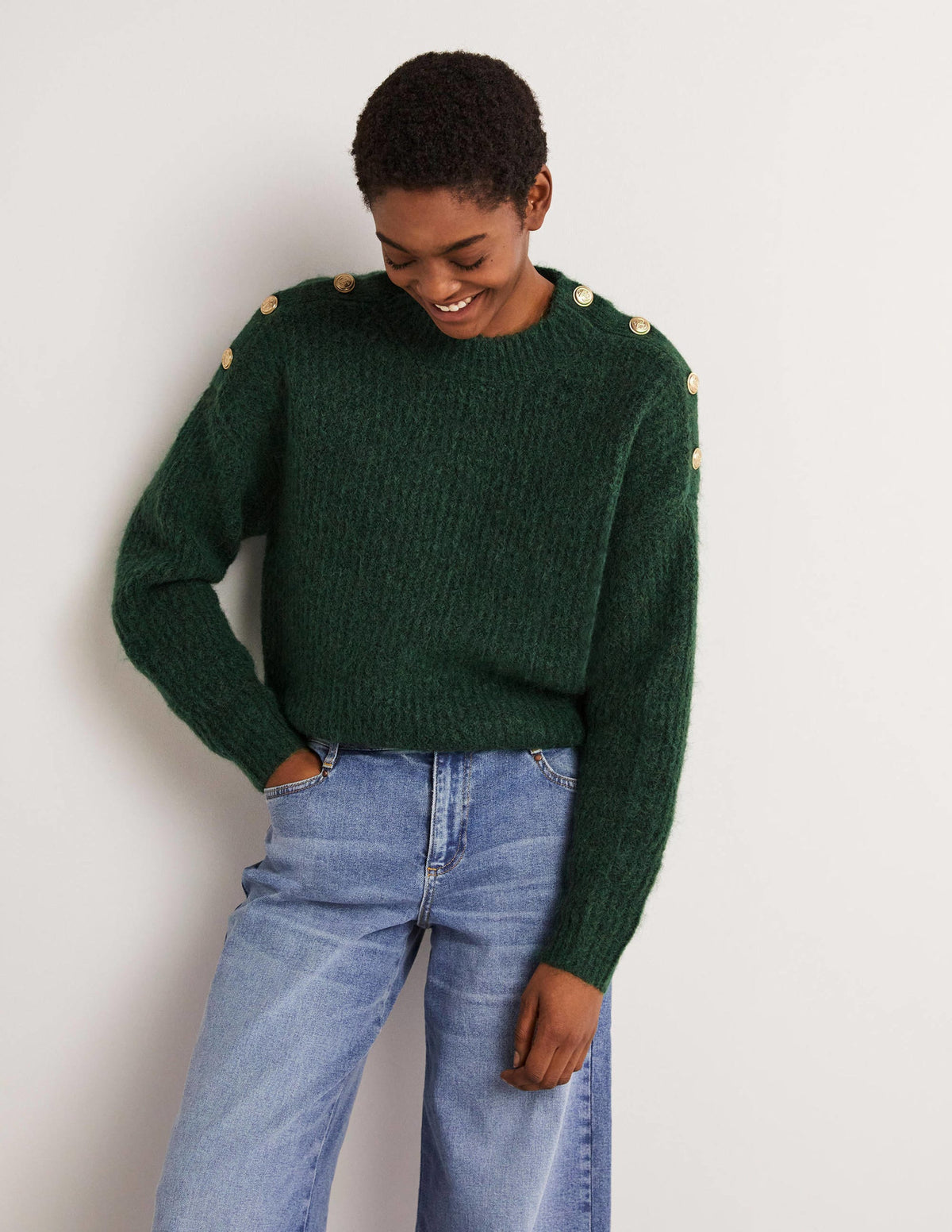 Fluffy Ribbed Button Jumper-Hunter Green - Image 2