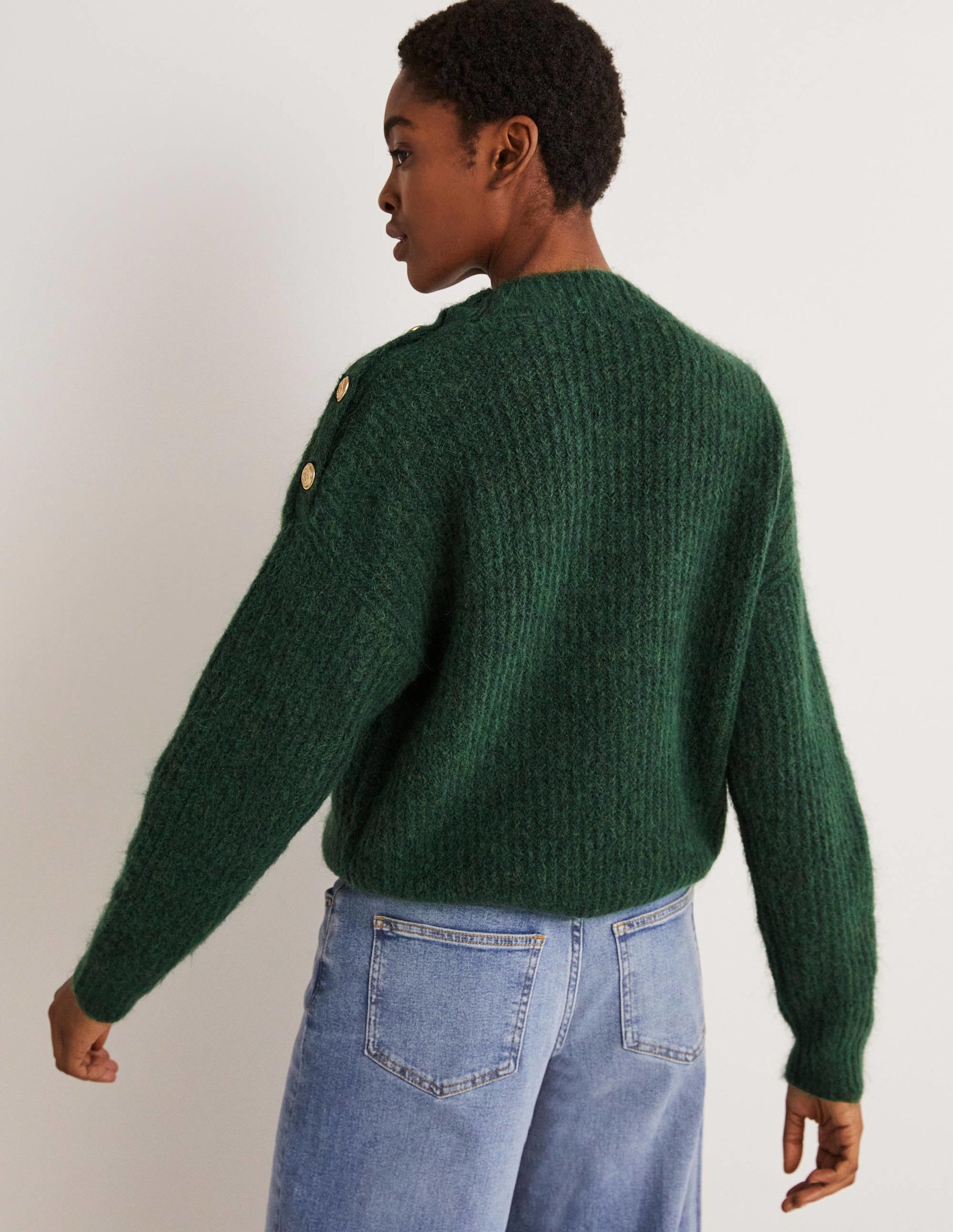 Fluffy Ribbed Button Jumper-Hunter Green - Image 4