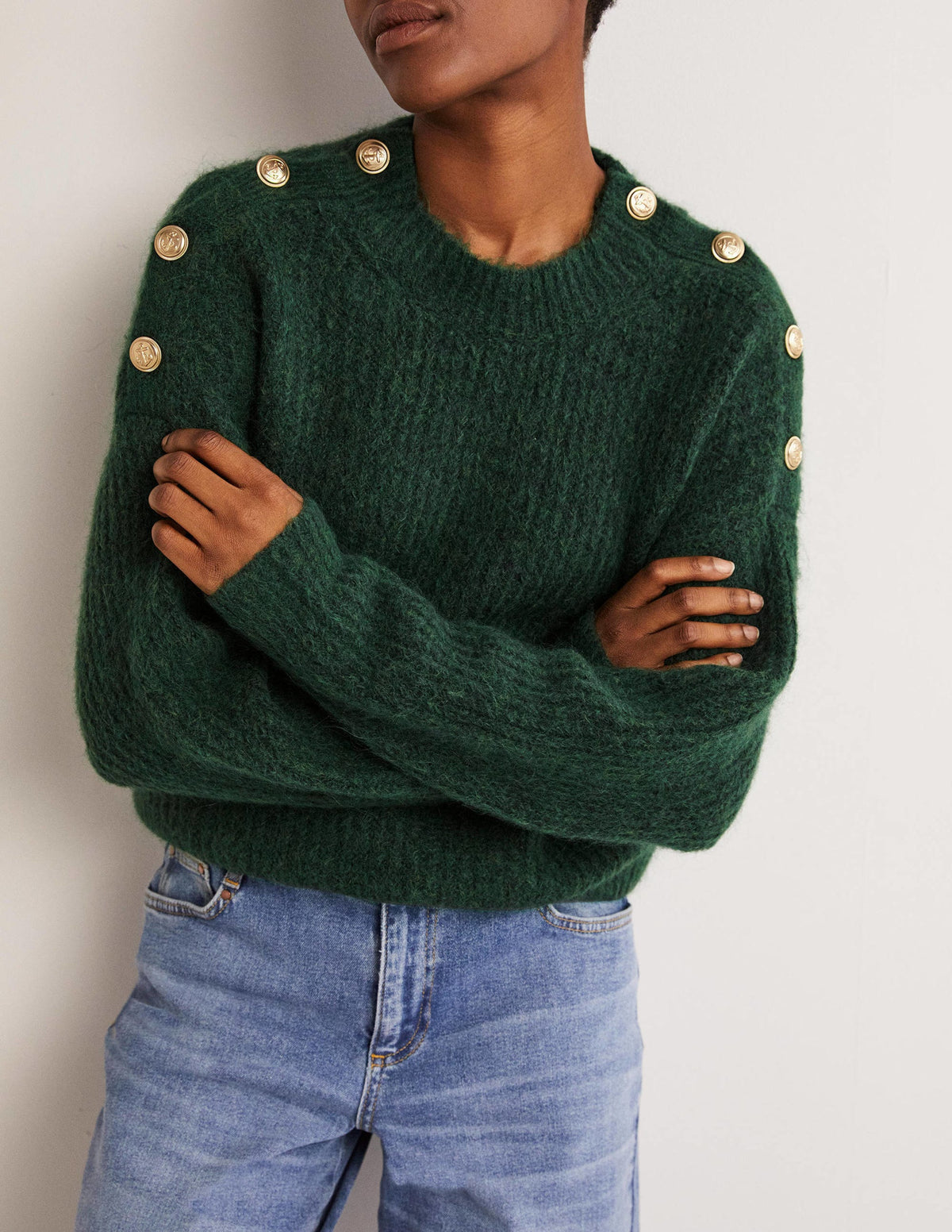 Fluffy Ribbed Button Jumper-Hunter Green - Image 5