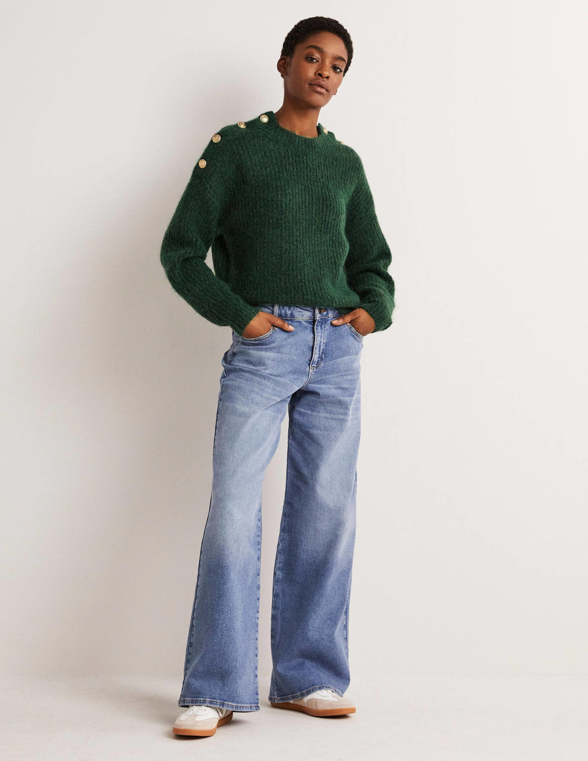Fluffy Ribbed Button Jumper-Hunter Green - Image 6