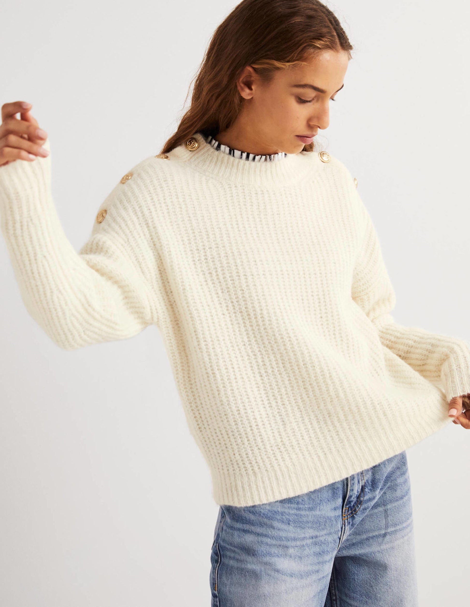 Fluffy Ribbed Button Jumper-Warm Ivory-1