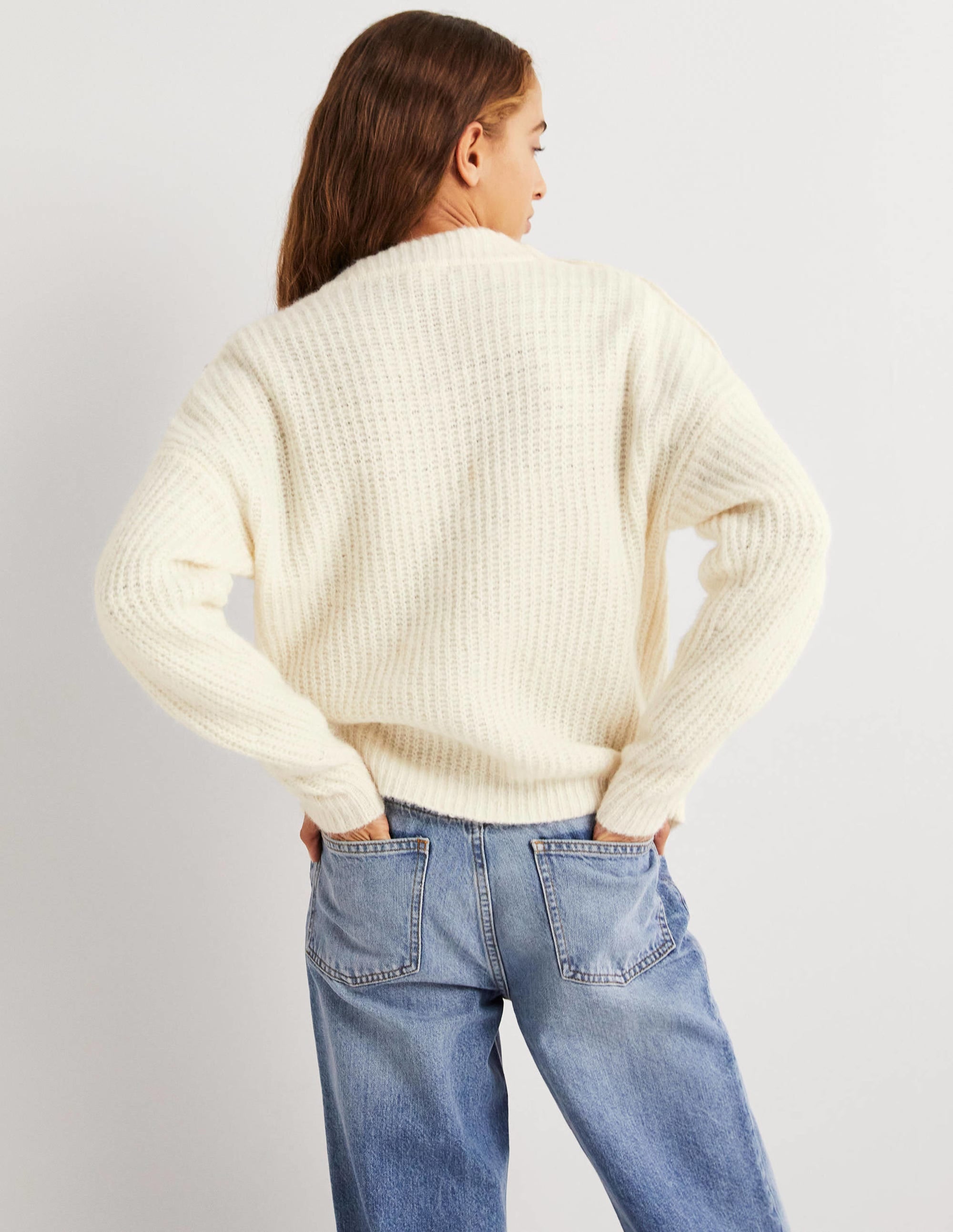 Fluffy Ribbed Button Jumper-Warm Ivory - Image 3