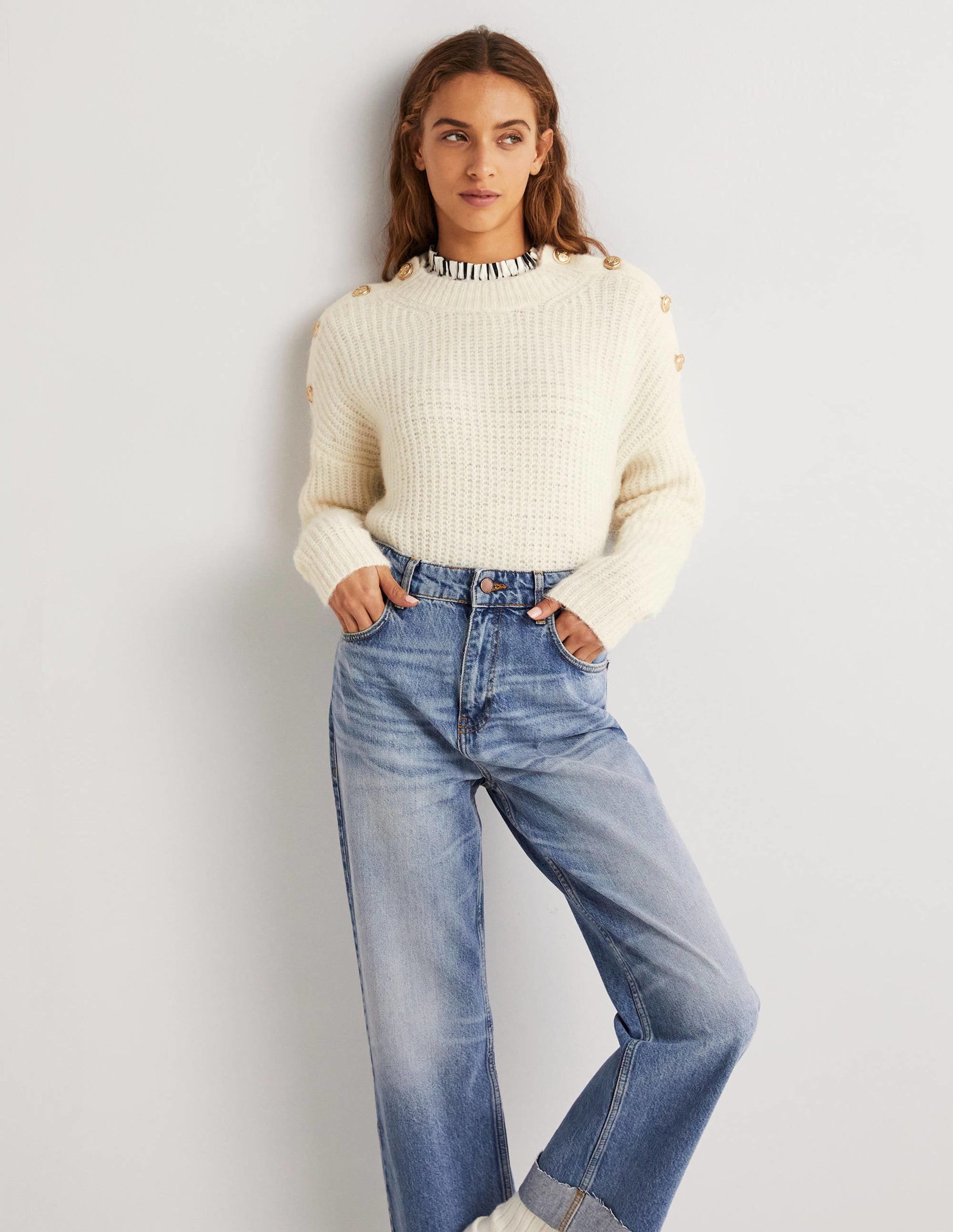 Fluffy Ribbed Button Jumper-Warm Ivory - Image 4