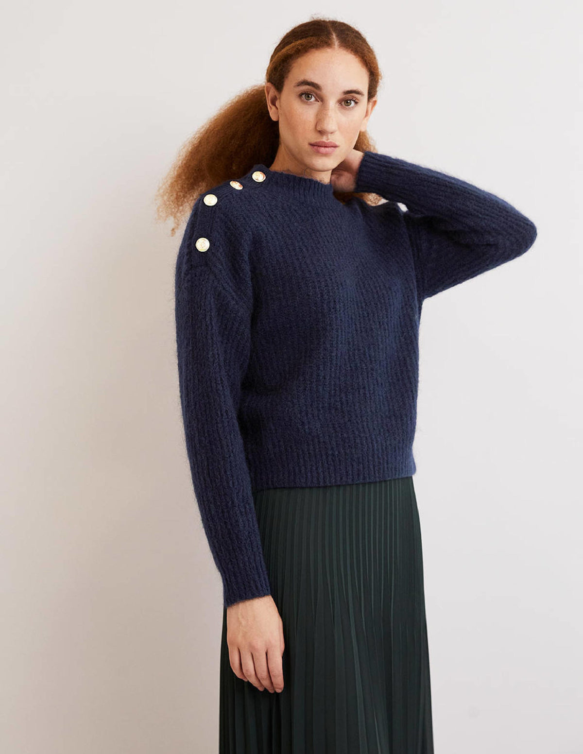Fluffy Ribbed Button Jumper-Navy-1