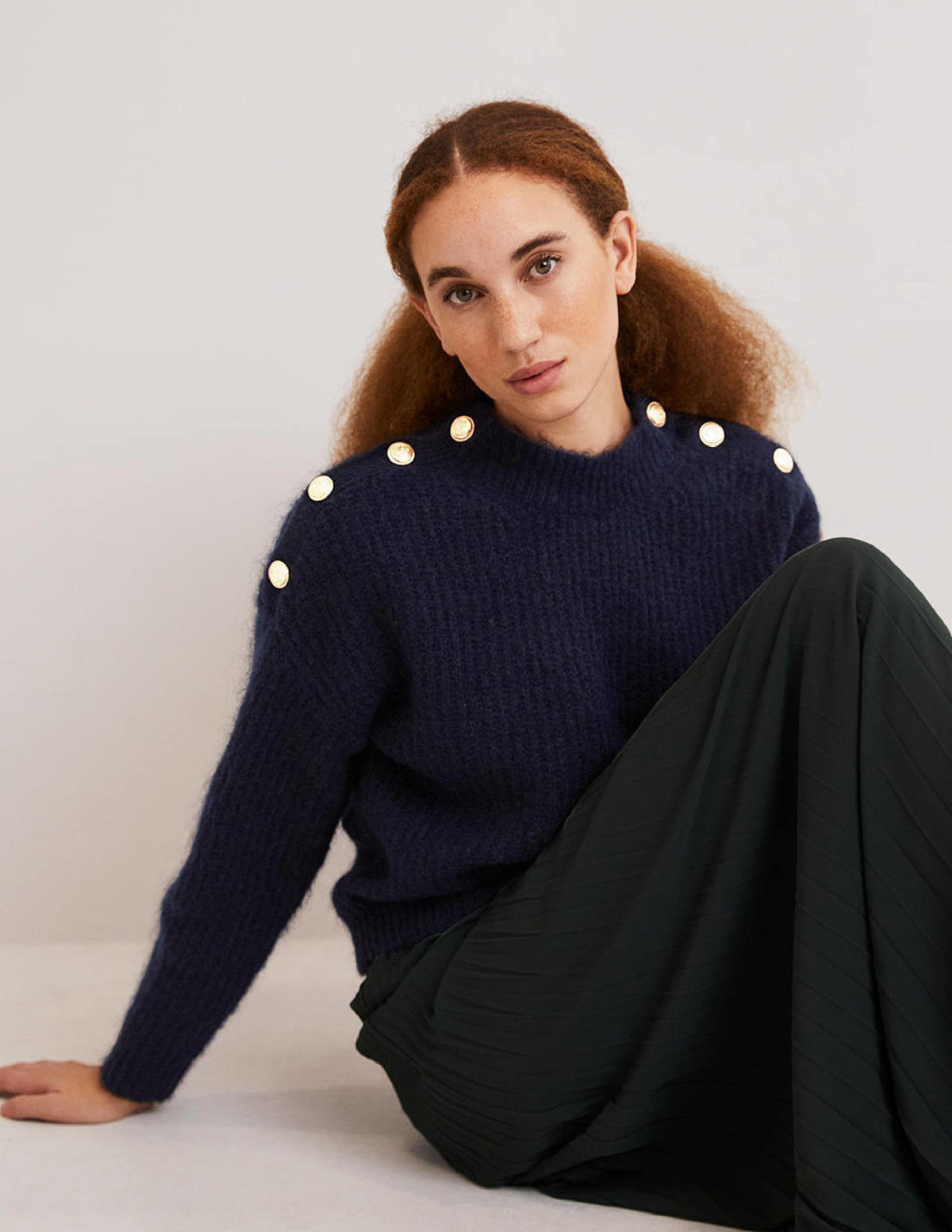 Fluffy Ribbed Button Jumper-Navy-5