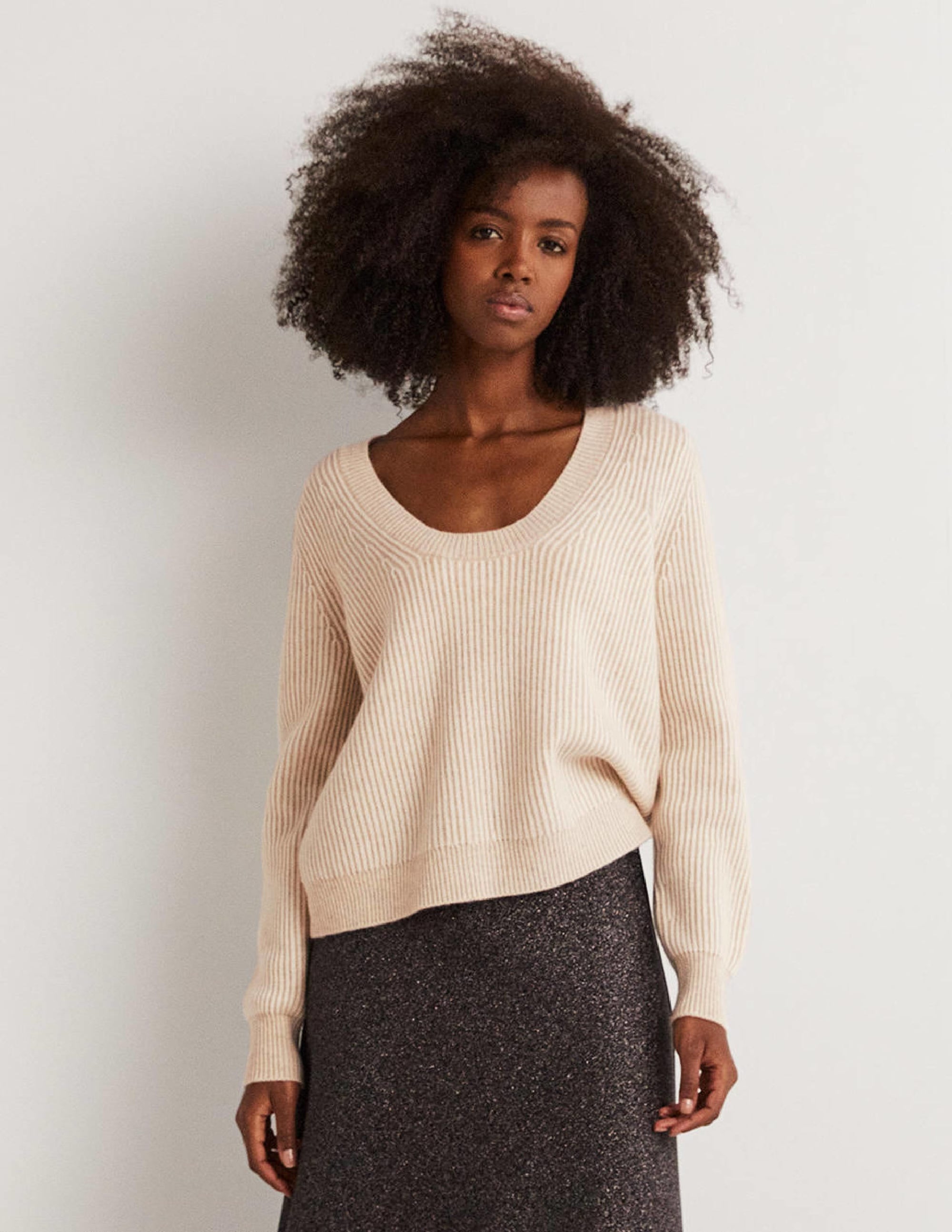 Cashmere Scoop Neck Jumper-Oatmeal Melange, Ivory - Image 1