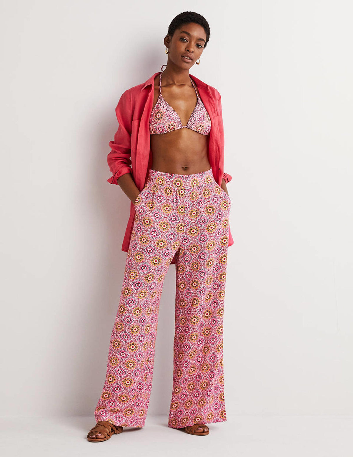 Grace Crinkle Wide Leg Trouser-Milkshake, Paradise Garden - Image 1