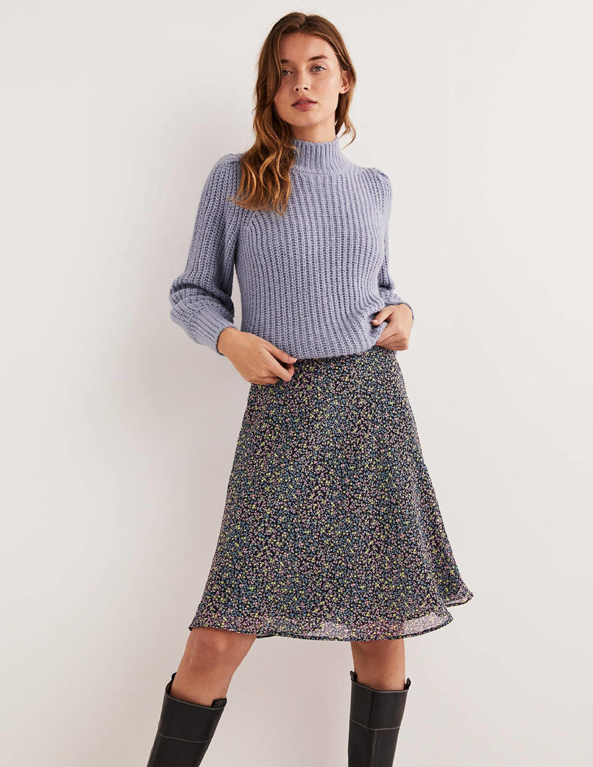 Crinkle Bias-cut Skirt-Black, Wild Vine-1