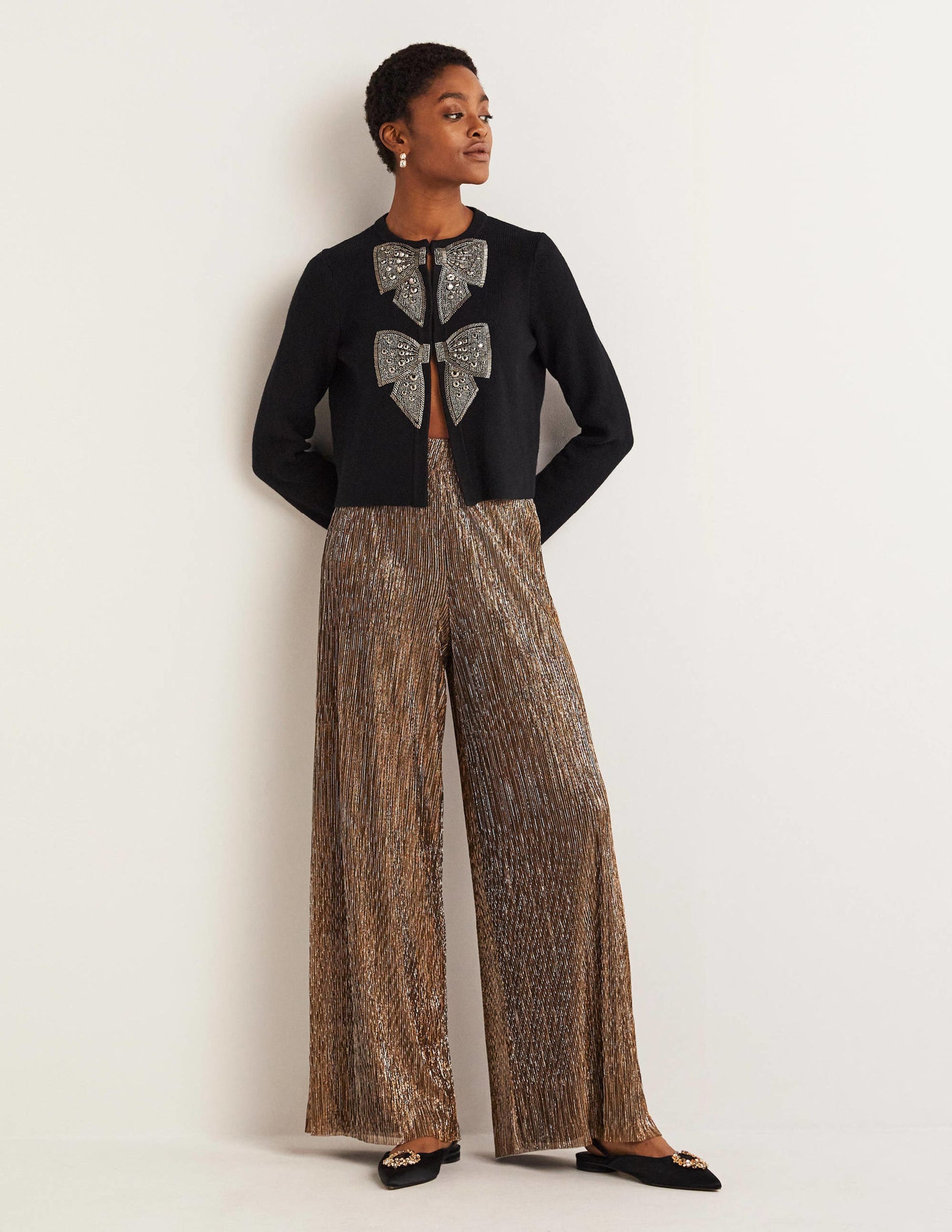 Metallic Party Trousers-Gold, Black Lurex-1