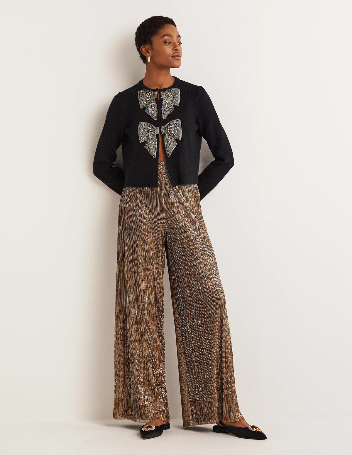 Metallic Party Trousers-Gold, Black Lurex - Image 1