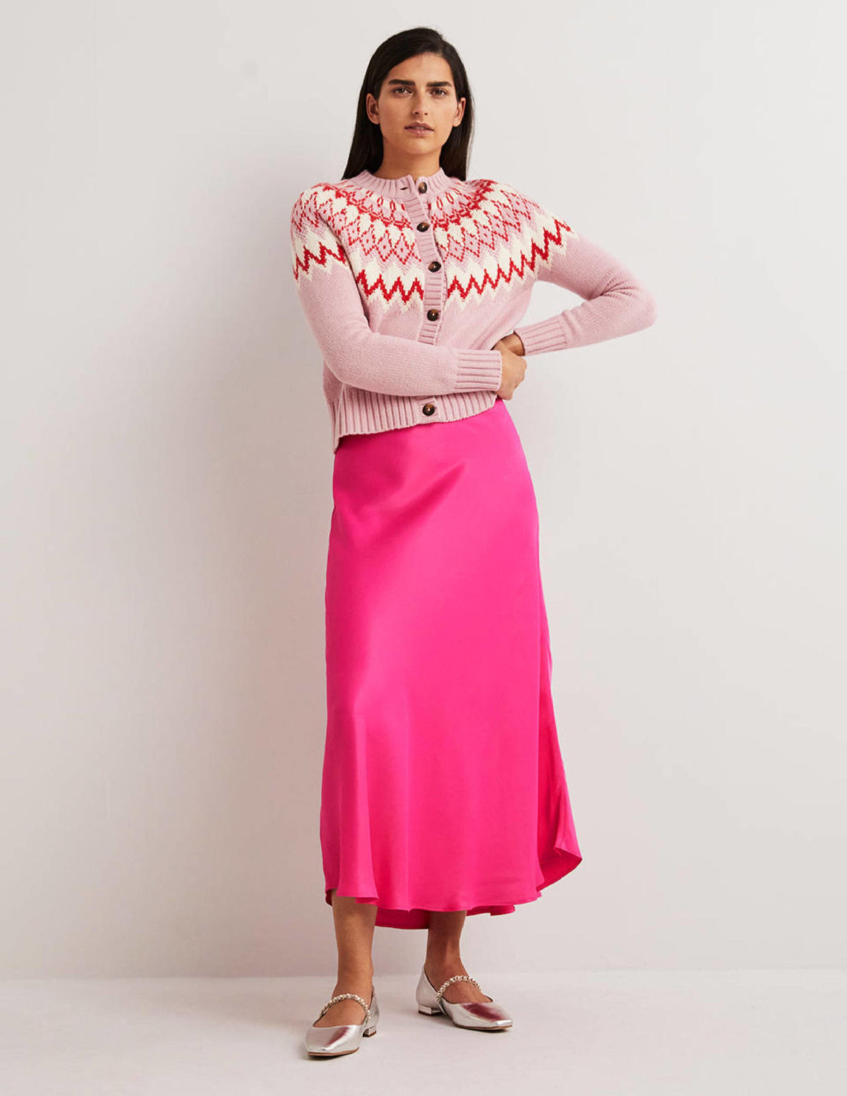 Pink Satin Bias-cut Midi Skirt-Watermelon Pink-1