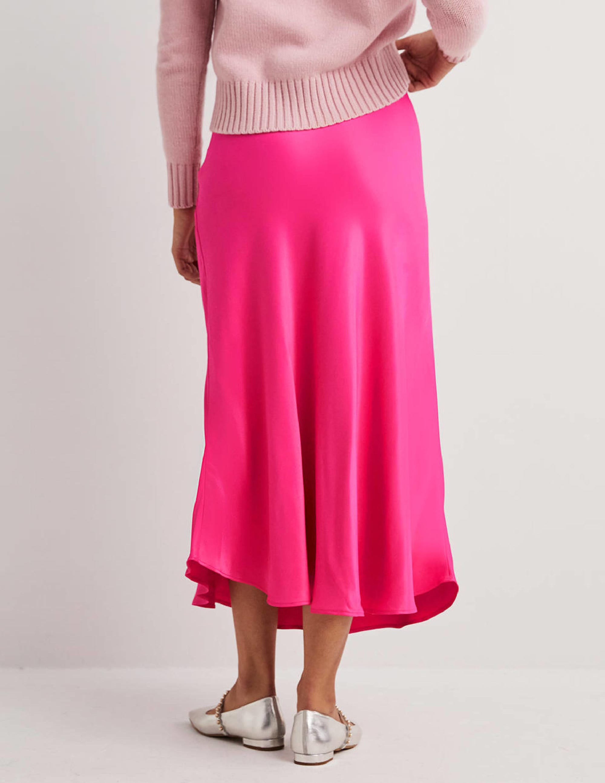 Pink Satin Bias-cut Midi Skirt-Watermelon Pink - Image 3