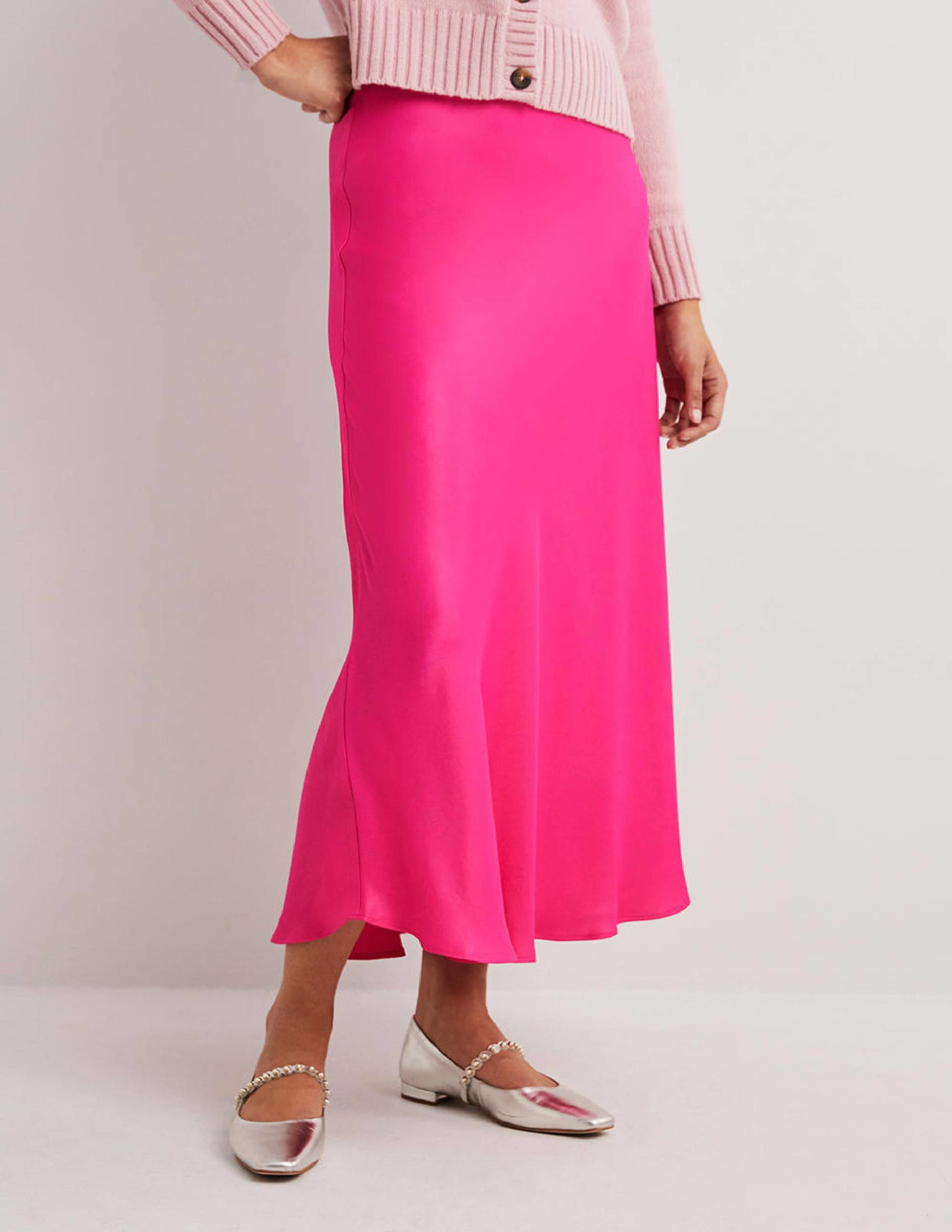 Pink Satin Bias-cut Midi Skirt-Watermelon Pink-4