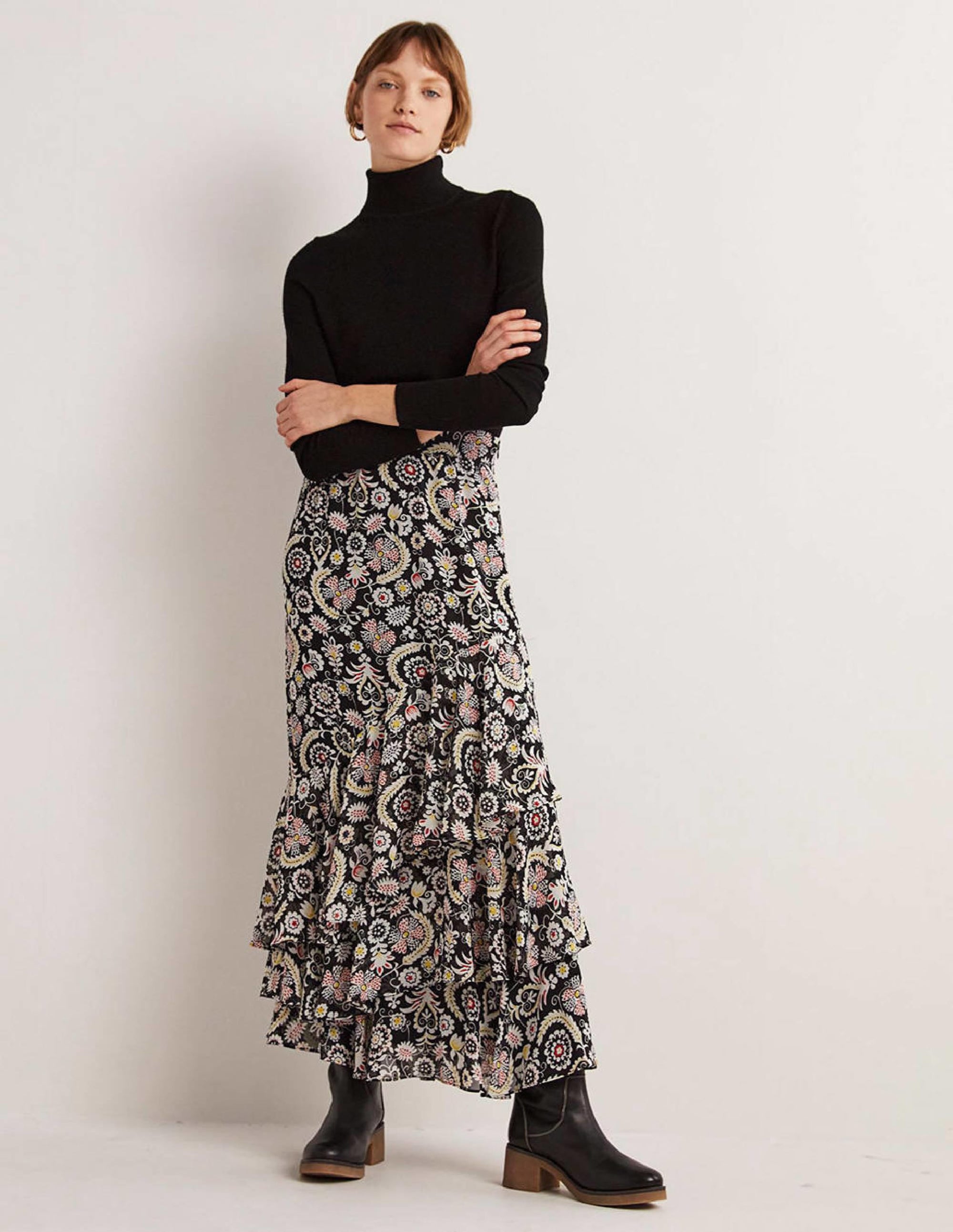 Multi Ruffle Maxi Skirt-Black, Tropic Charm - Image 1