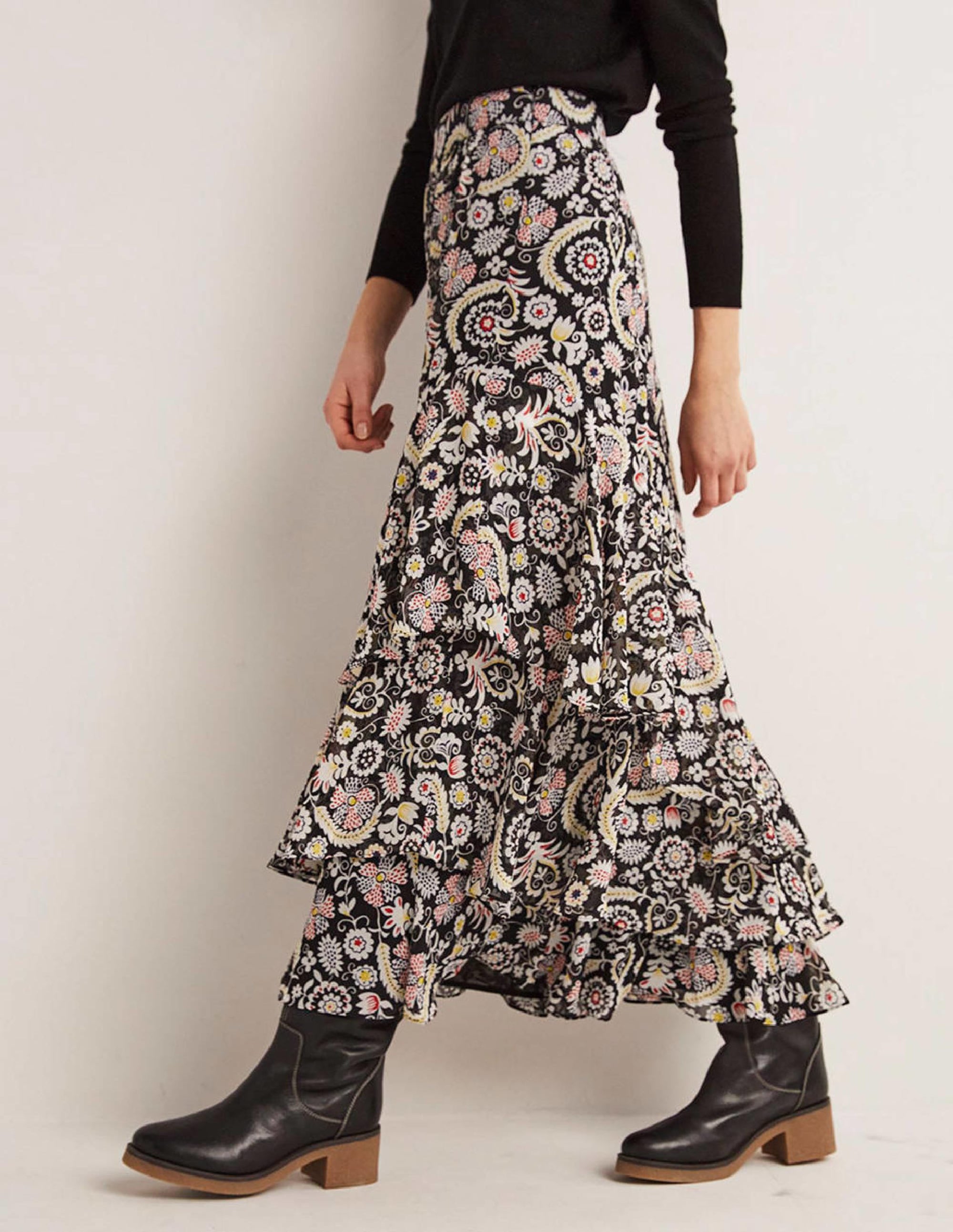 Multi Ruffle Maxi Skirt-Black, Tropic Charm - Image 5