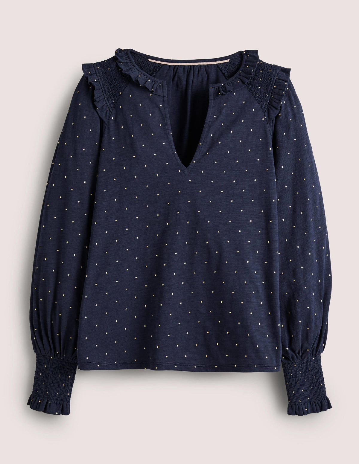 Notch Neck Smocked Frill Top-Navy, Foil Dot-6