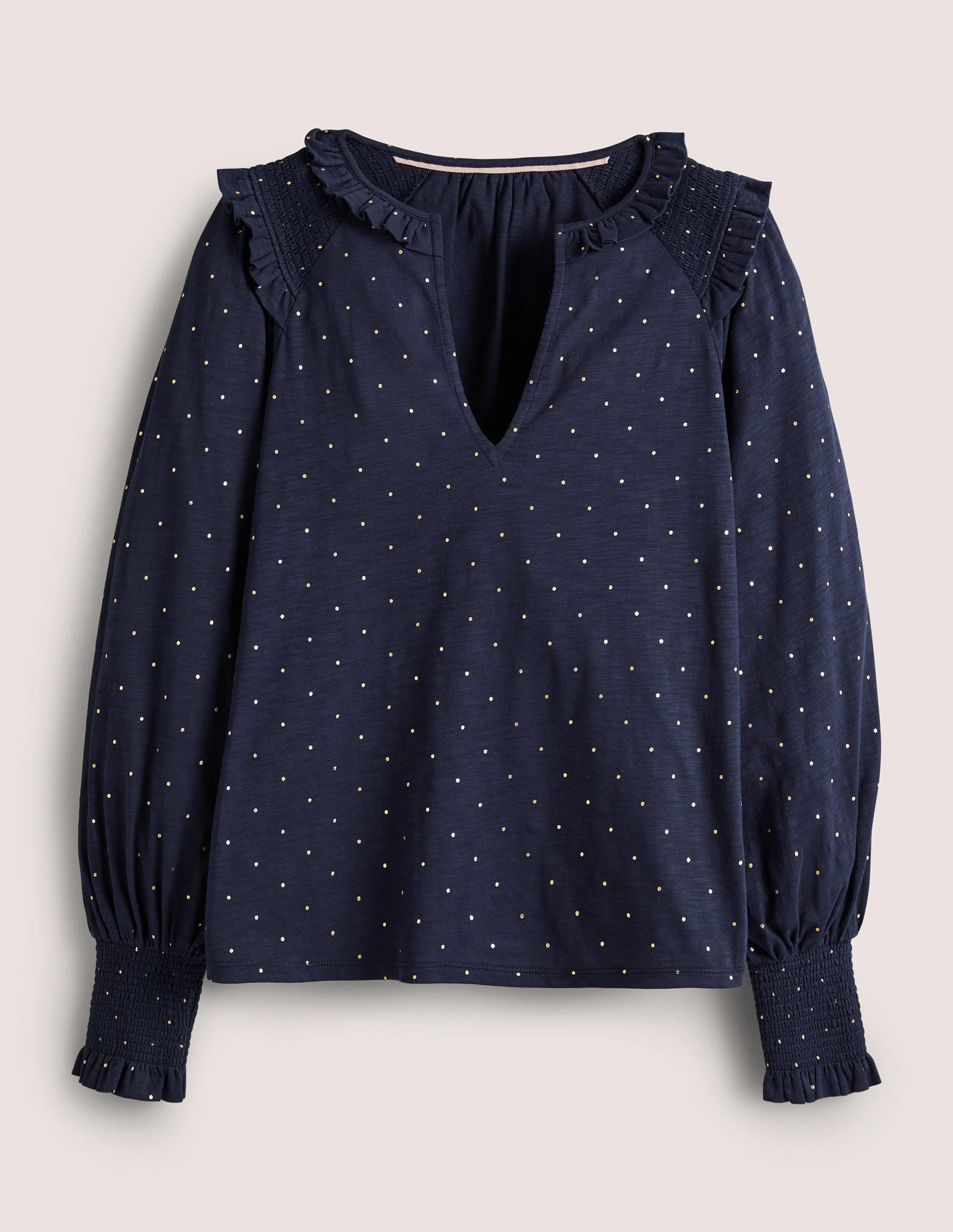 Notch Neck Smocked Frill Top-Navy, Foil Dot - Image 6