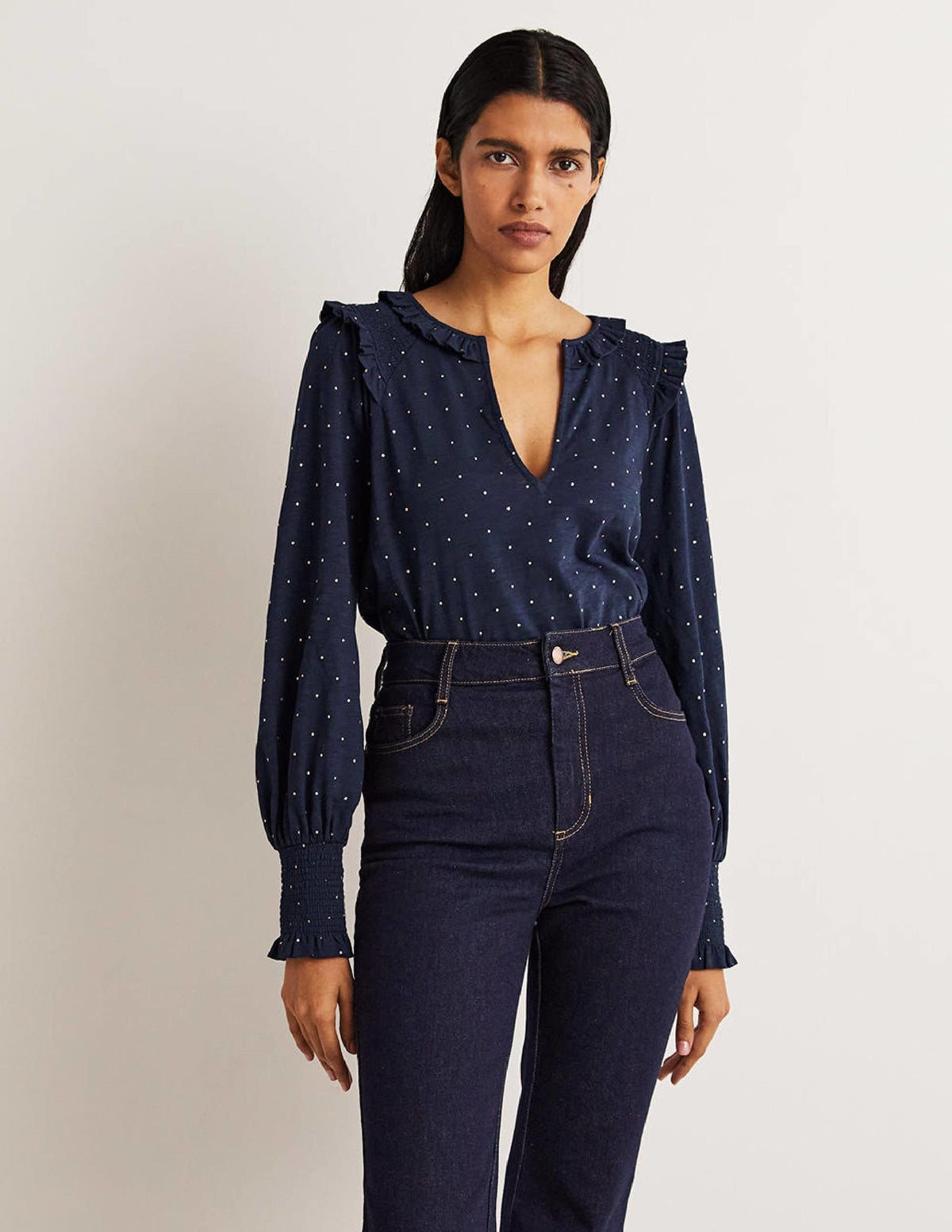 Notch Neck Smocked Frill Top-Navy, Foil Dot-2