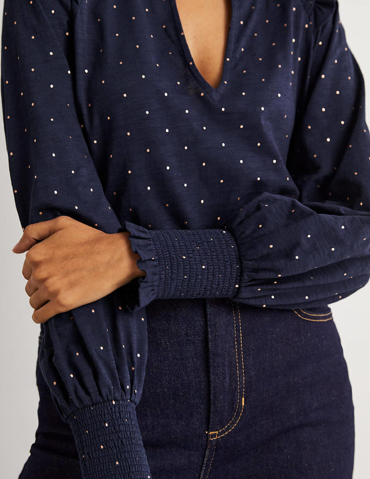 Notch Neck Smocked Frill Top-Navy, Foil Dot-3