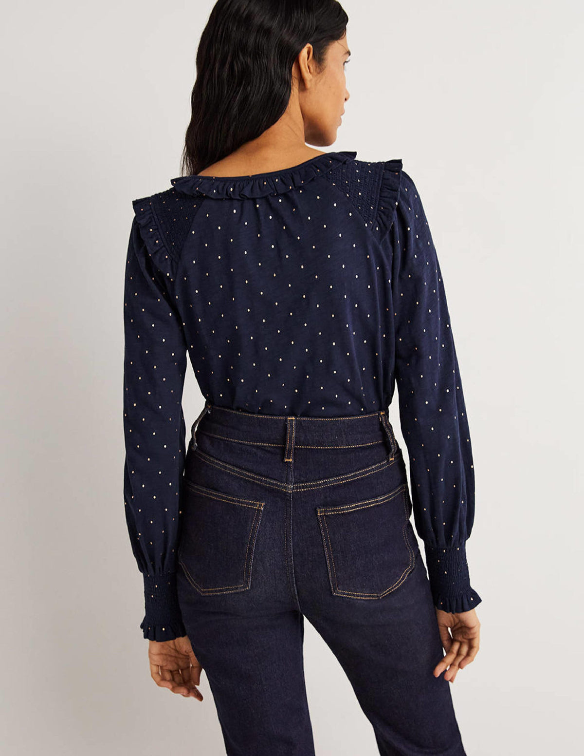 Notch Neck Smocked Frill Top-Navy, Foil Dot-4