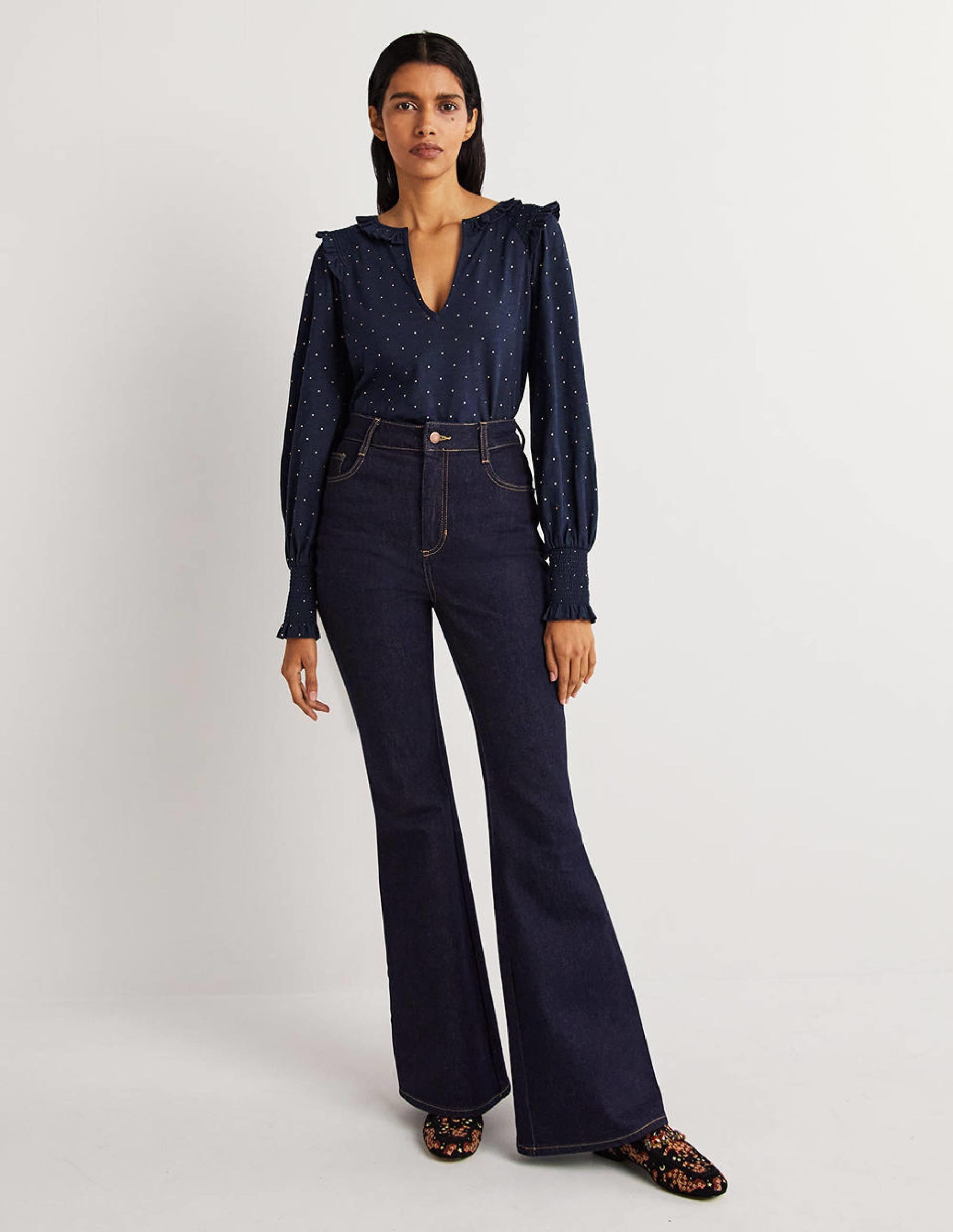 Notch Neck Smocked Frill Top-Navy, Foil Dot - Image 5