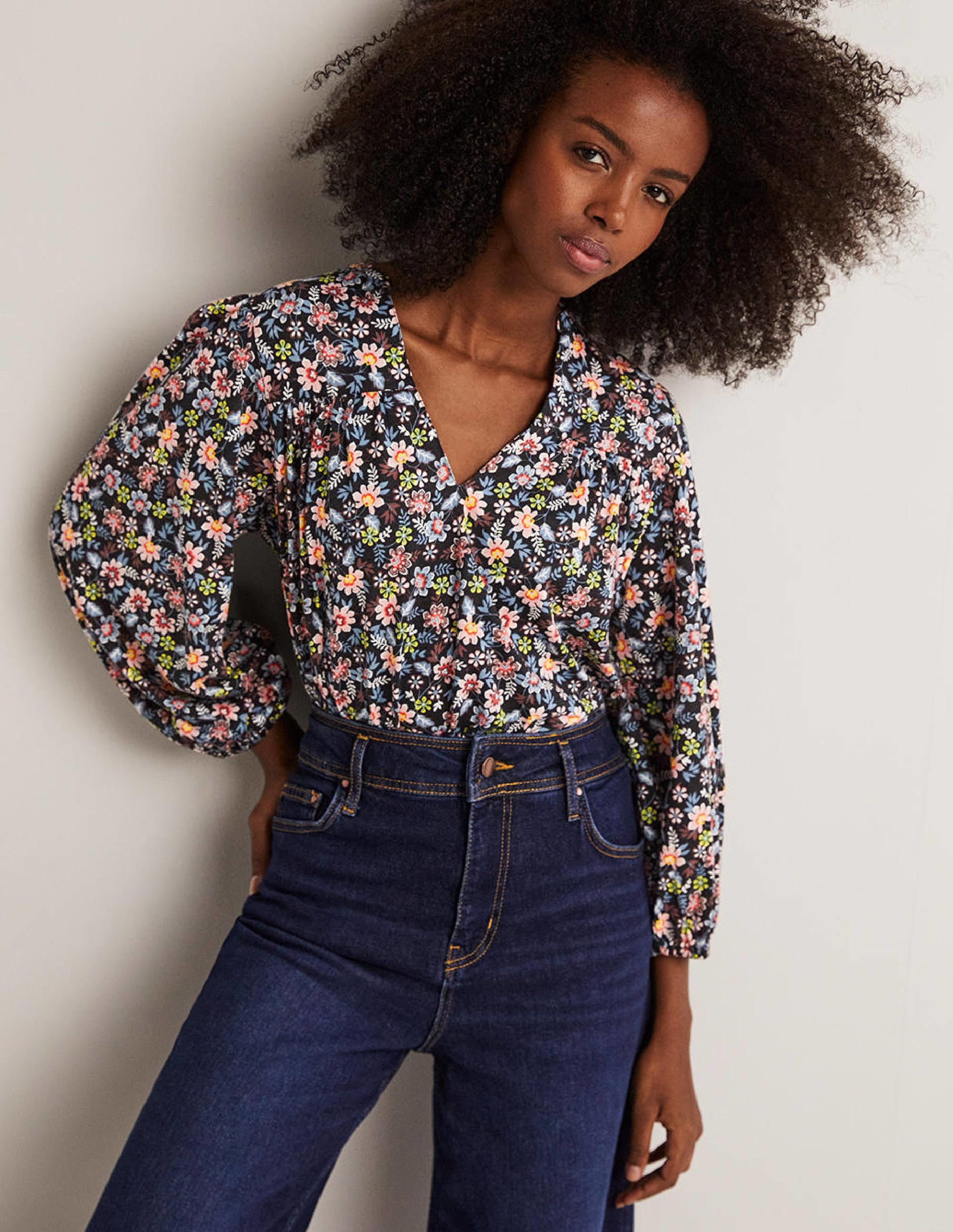 Printed Notch Neck Top-Black, Opulent Leaf - Image 1