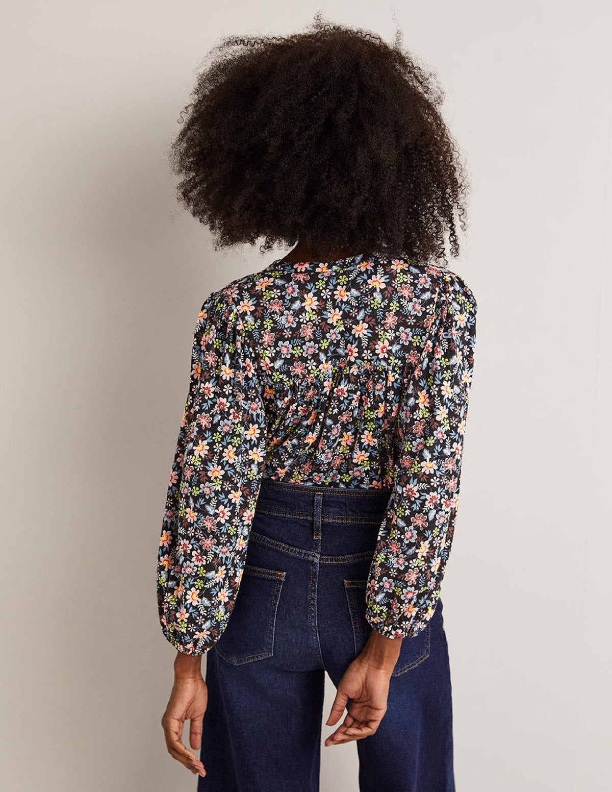Printed Notch Neck Top-Black, Opulent Leaf-3