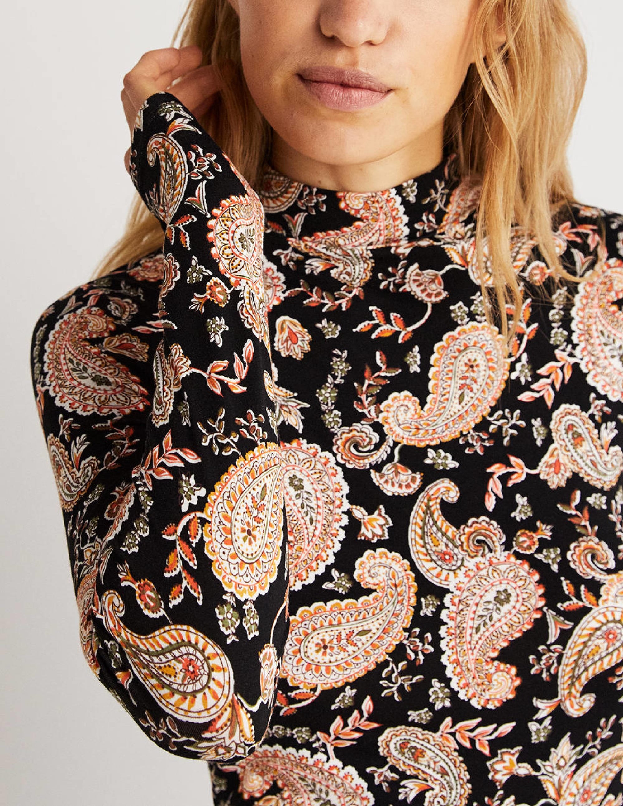 Jersey High Neck Top-Black, Paisley Passion - Image 2