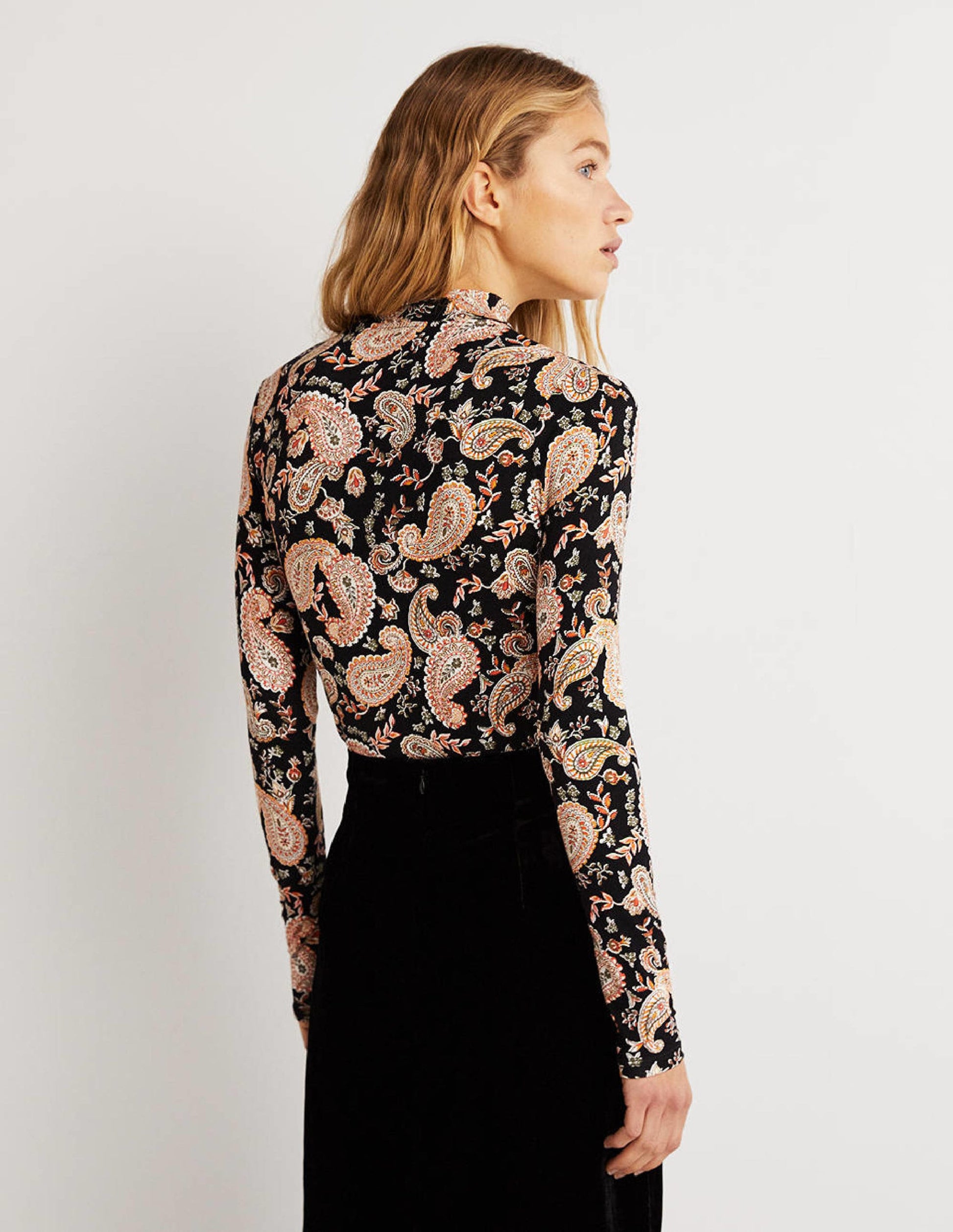 Jersey High Neck Top-Black, Paisley Passion-3