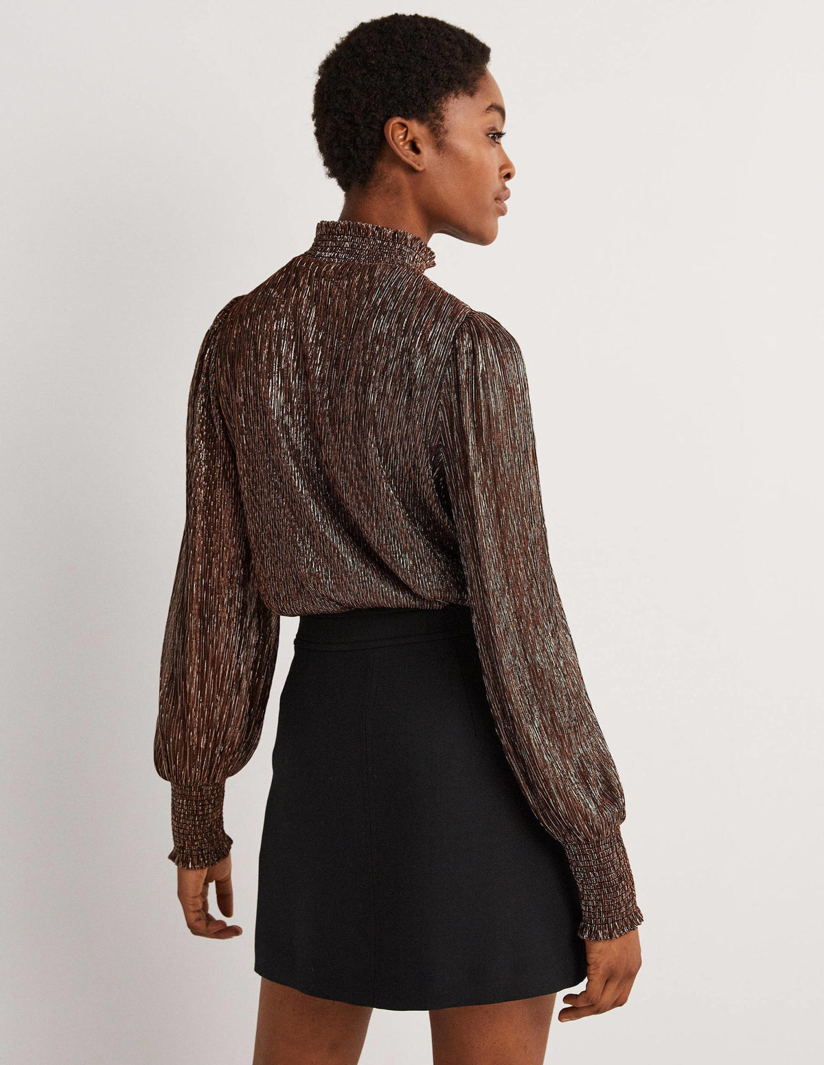 Smocked High Neck Party Top-Metallic Shimmer Plisse - Image 3