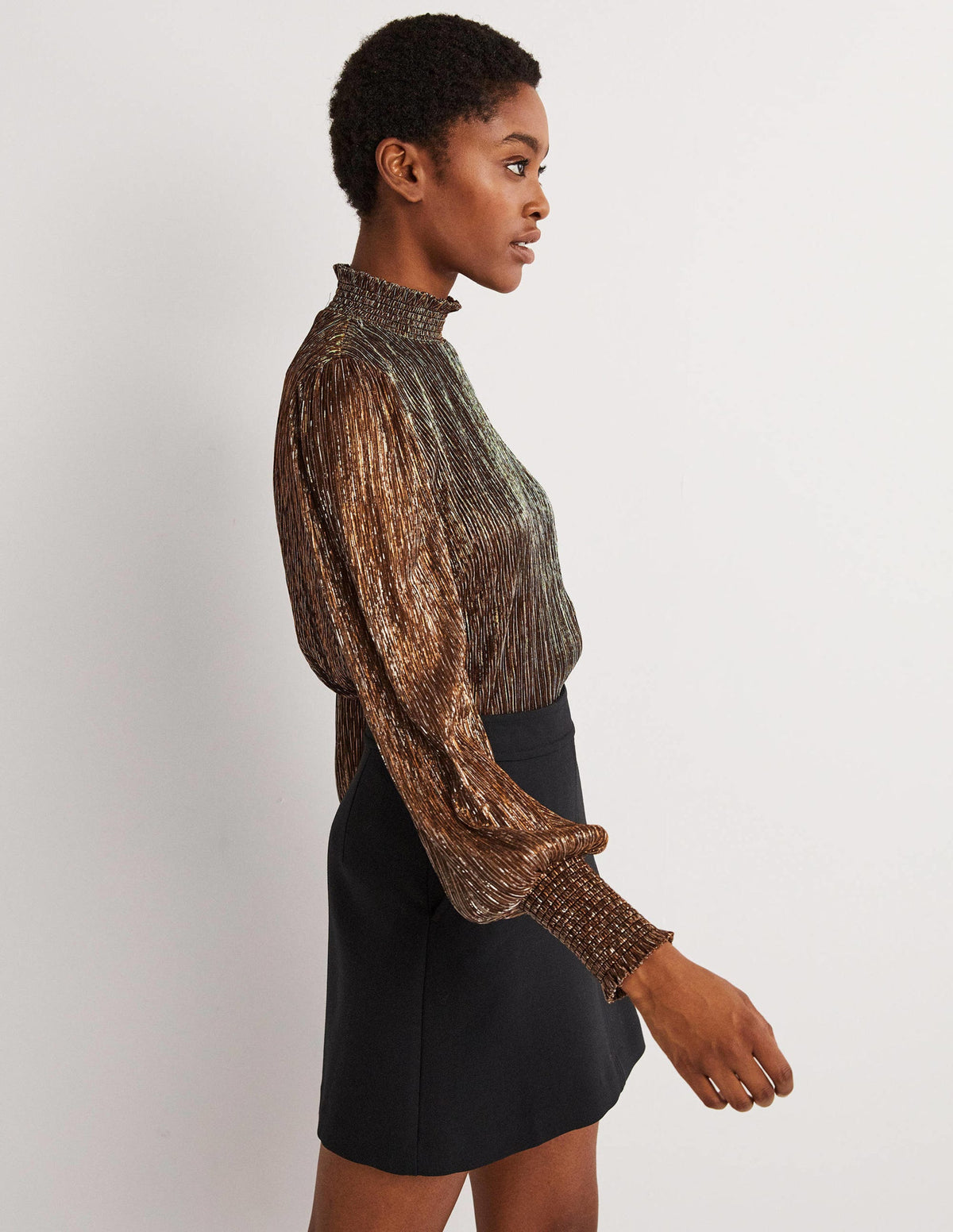 Smocked High Neck Party Top-Metallic Shimmer Plisse-4