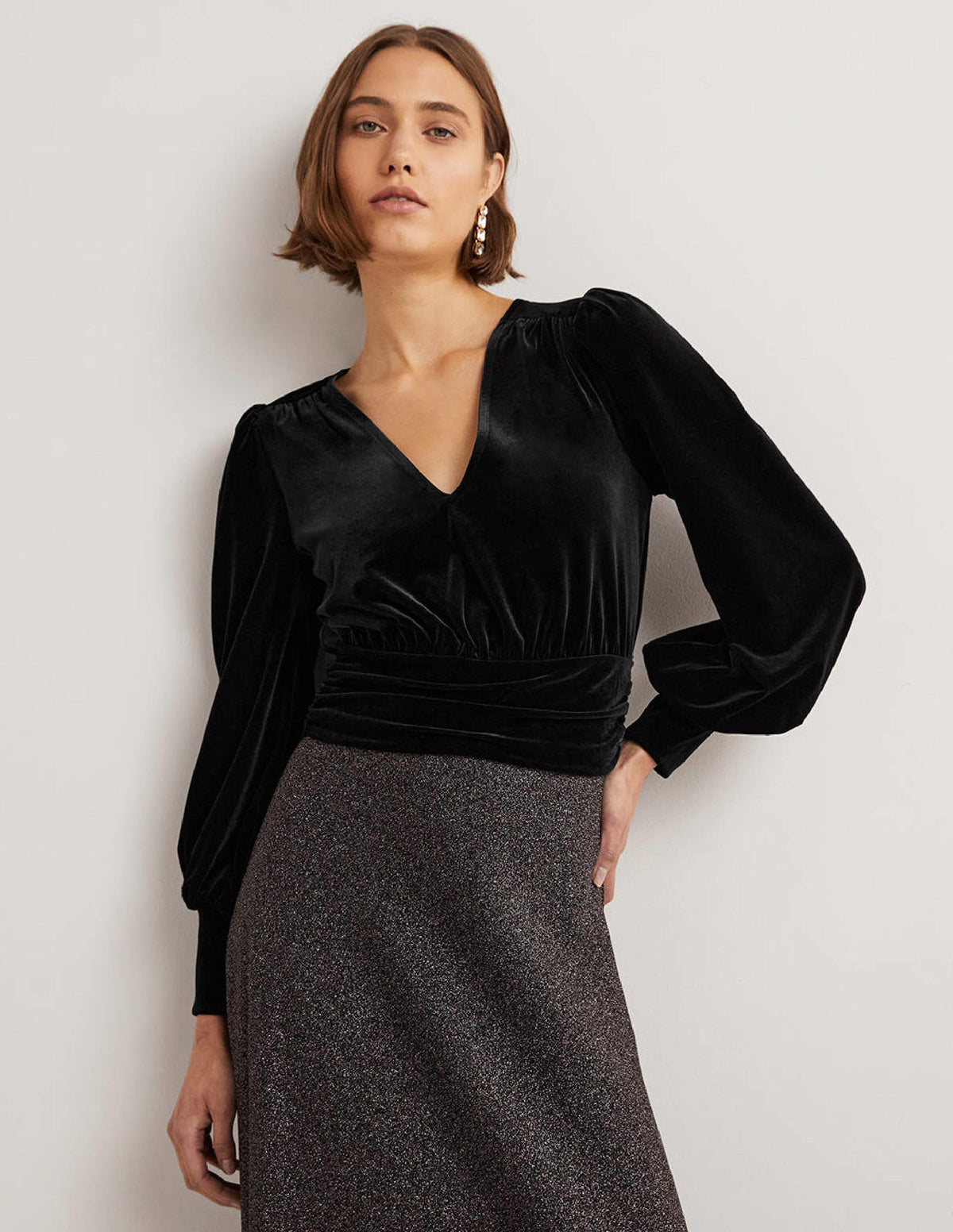 Cropped Velvet Blouson Top-Black-1