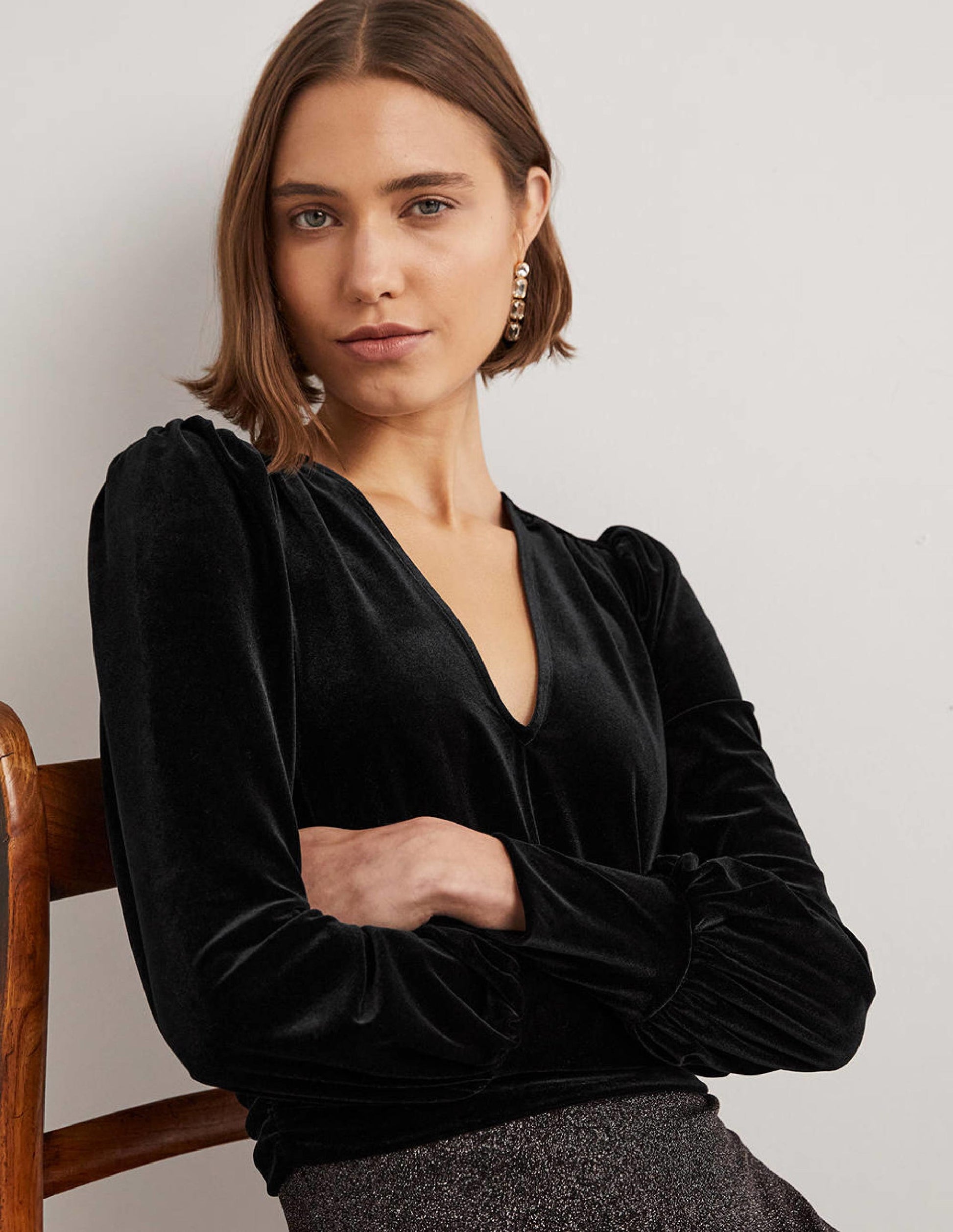 Cropped Velvet Blouson Top-Black-4
