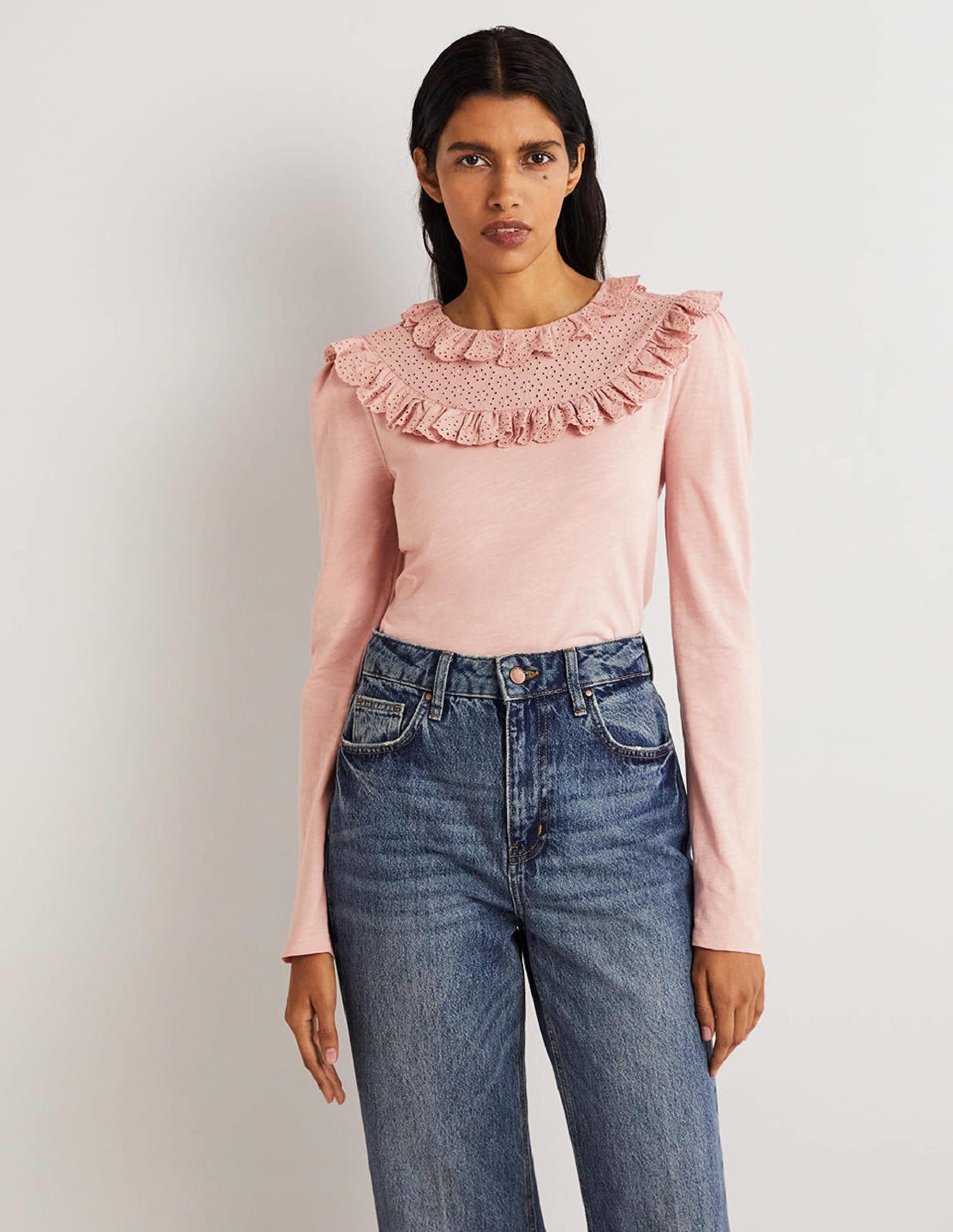 Broderie Yoke Frill Top-Milkshake Pink - Image 1