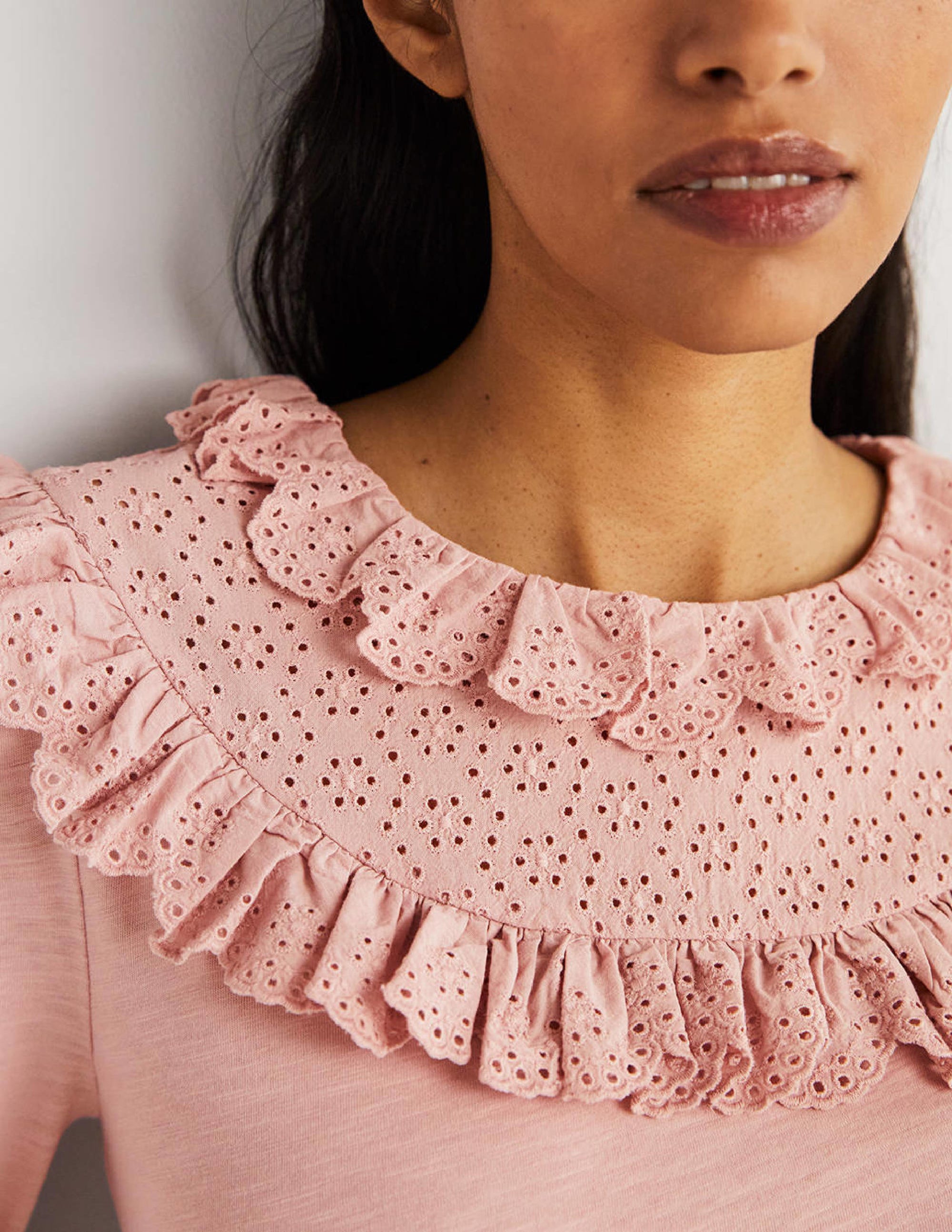 Broderie Yoke Frill Top-Milkshake Pink - Image 3