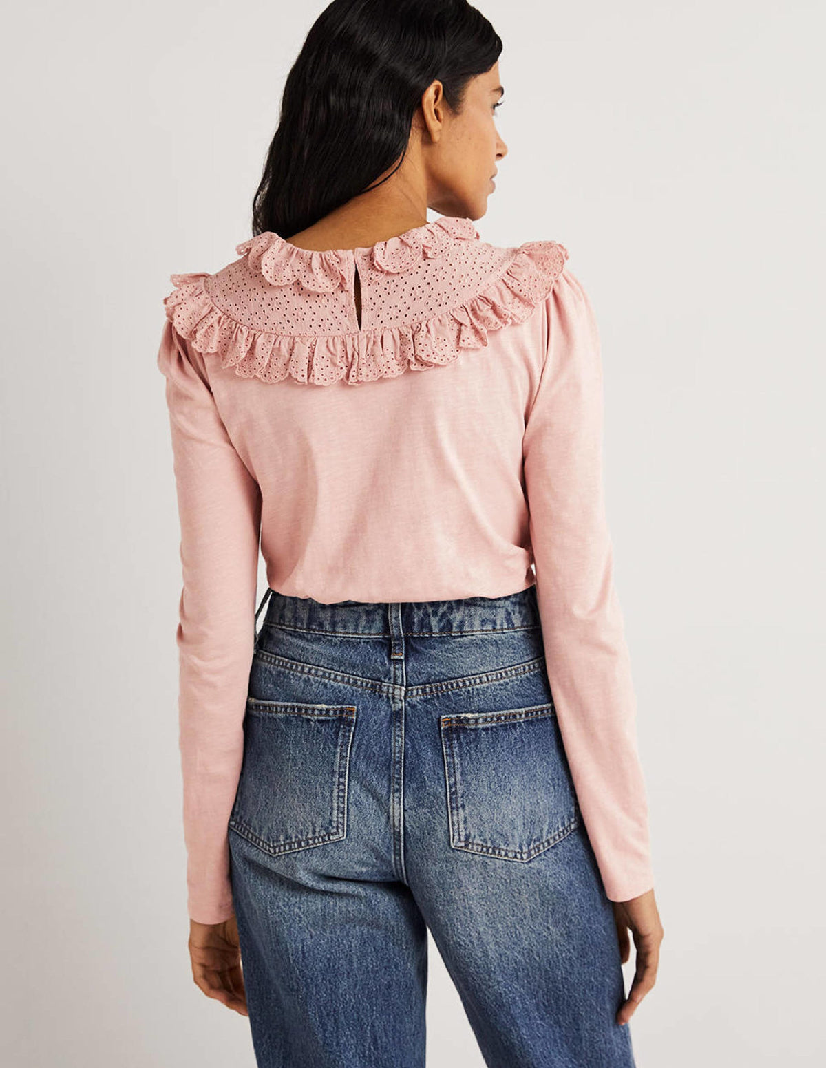 Broderie Yoke Frill Top-Milkshake Pink-4