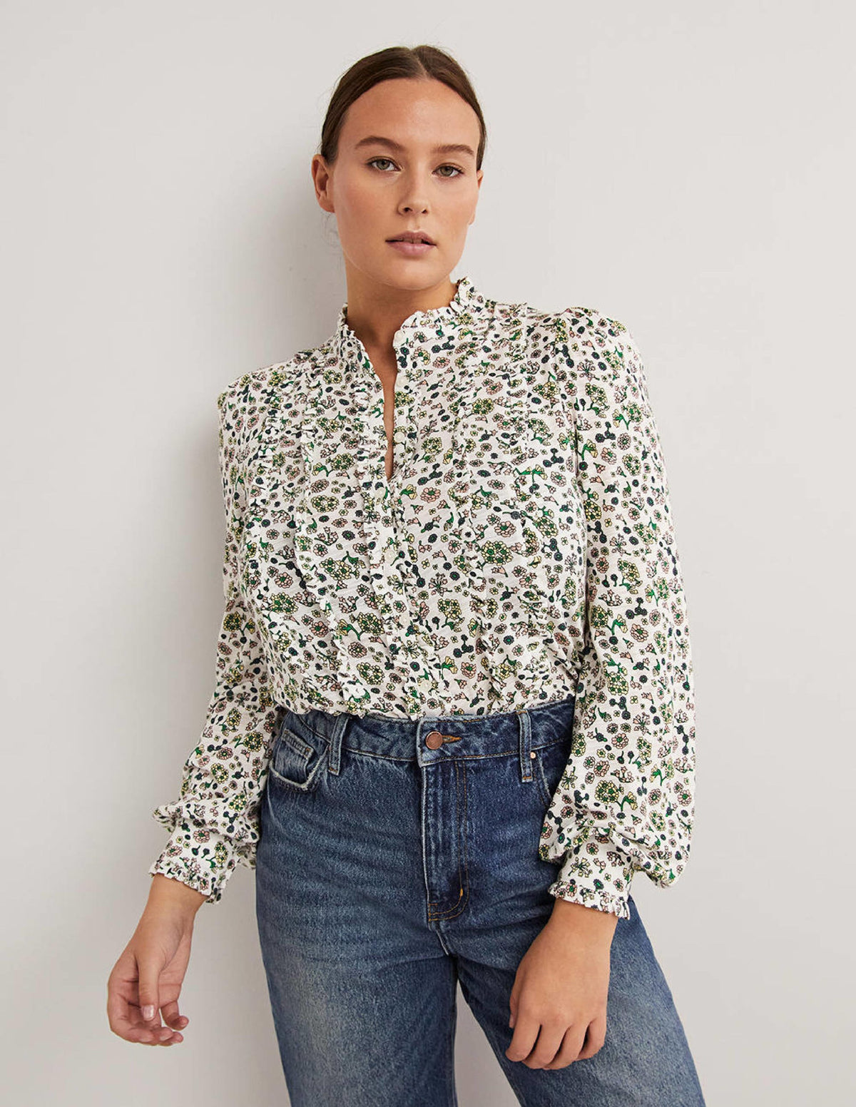 Ruffle Jersey Shirt-Ivory Ditsy Charm - Image 1